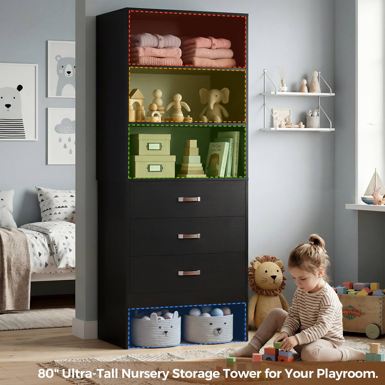 80" Ultra-Tall Nursery Storage Tower for Your Playroom.