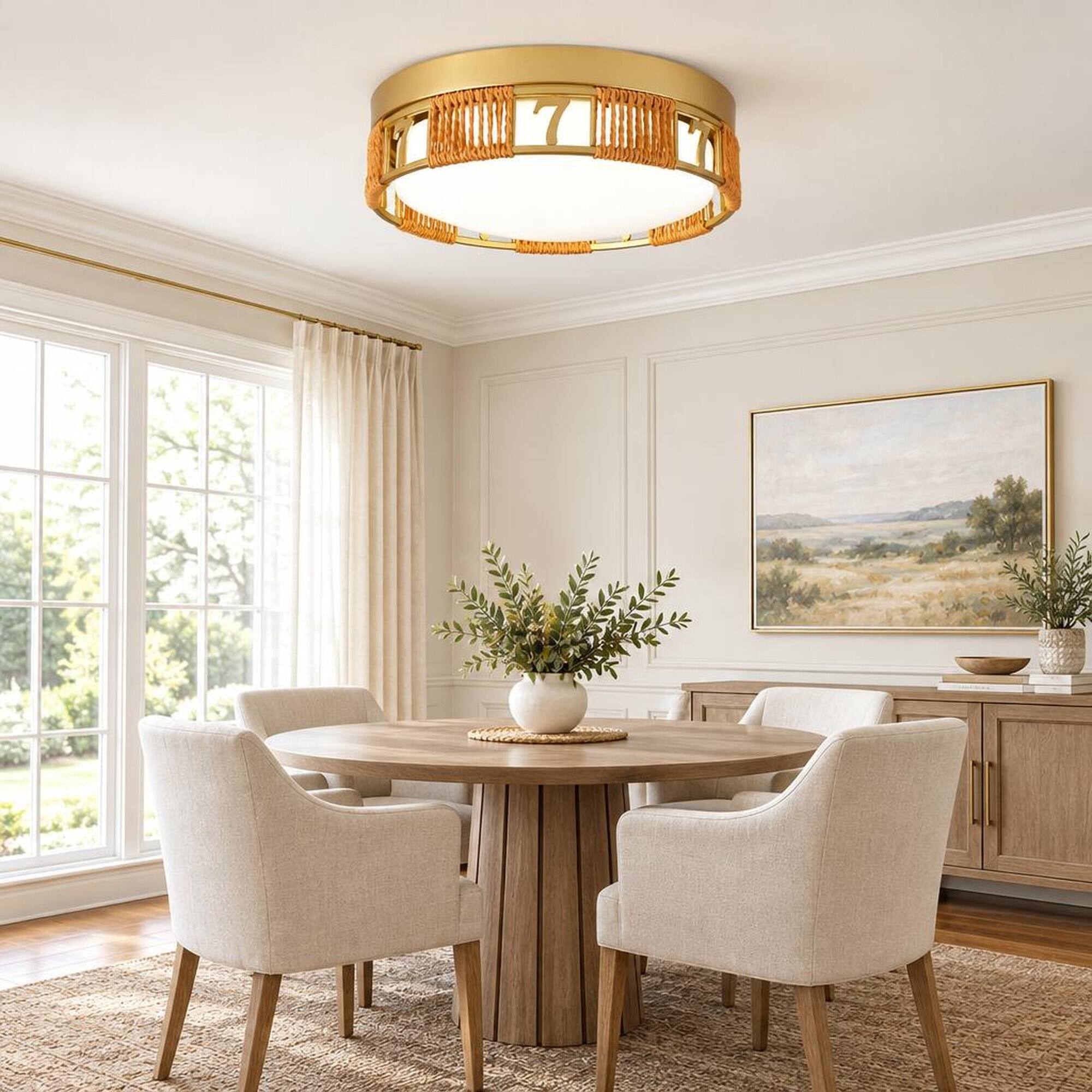 Left. RYHNUYNE - Boho LED Flush Mount Ceiling Light, 11.81 in Gold Metal Frame, Woven Hemp Rope, Frosted Acrylic Shade, Dimmable - Gold.