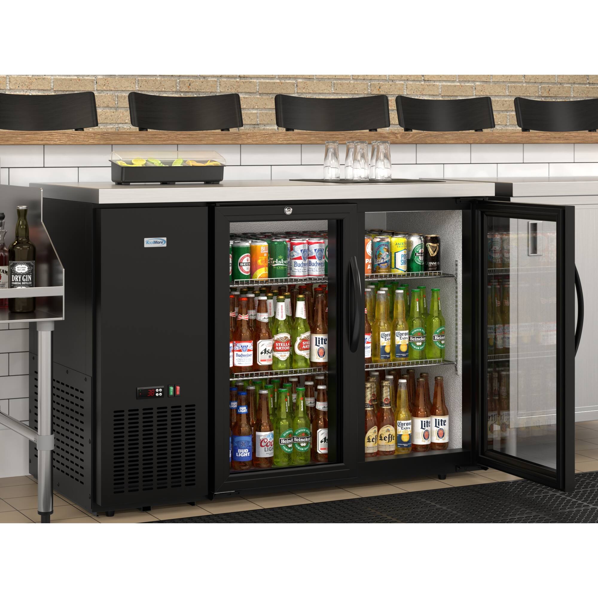 The image shows a refrigerator filled with various beverages, including beer and soda. The refrigerator is located in a restaurant setting, and it is stocked with a wide selection of drinks. The refrigerator is open, revealing the assortment of beverages inside. The refrigerator is situated next to a brick wall, adding to the restaurant's ambiance.