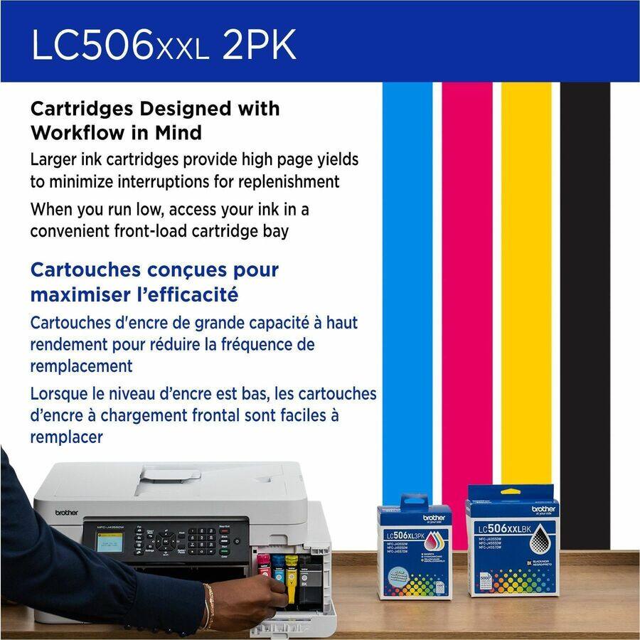 LC506XXL 2PK Cartridges Designed with Workflow in Mind  
Larger ink cartridges provide high page yields to minimize interruptions for replenishment  
When you run low, access your ink in a convenient front-load cartridge bay  

Cartouches conçues pour maximiser l'efficacité  
Cartouches d'encre de grande capacité à haut rendement pour réduire la fréquence de remplacement  
Lorsque le niveau d'encre est bas, les cartouches d'encre à chargement frontal sont faciles à remplacer  

brother 4  
brother LC506XL3P XLSPK  
brother LC 506XXLB
