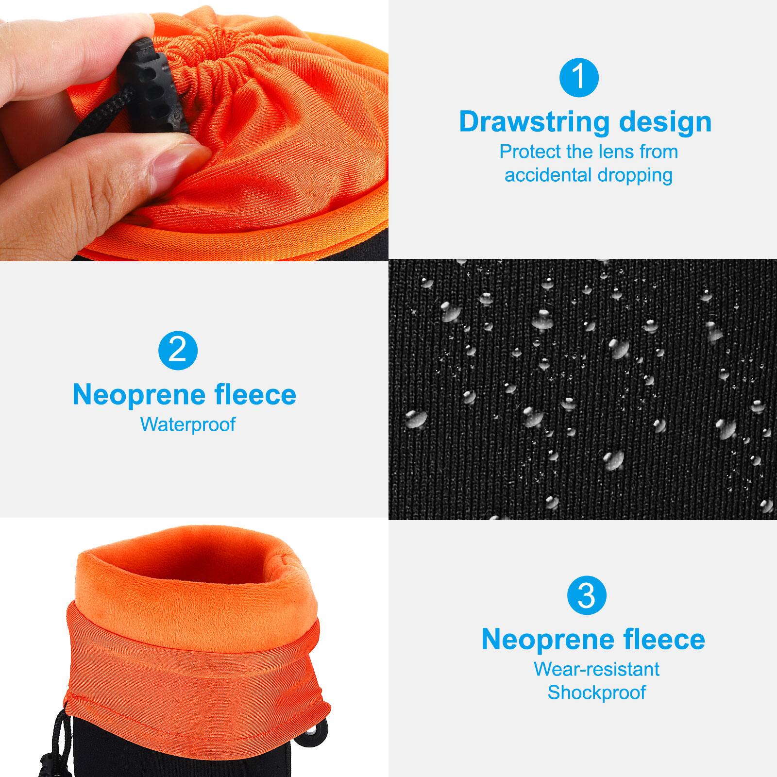 1. Drawstring design  
   Protect the lens from accidental dropping  

2. Neoprene fleece  
   Waterproof  

3. Neoprene fleece  
   Wear-resistant  
   Shockproof