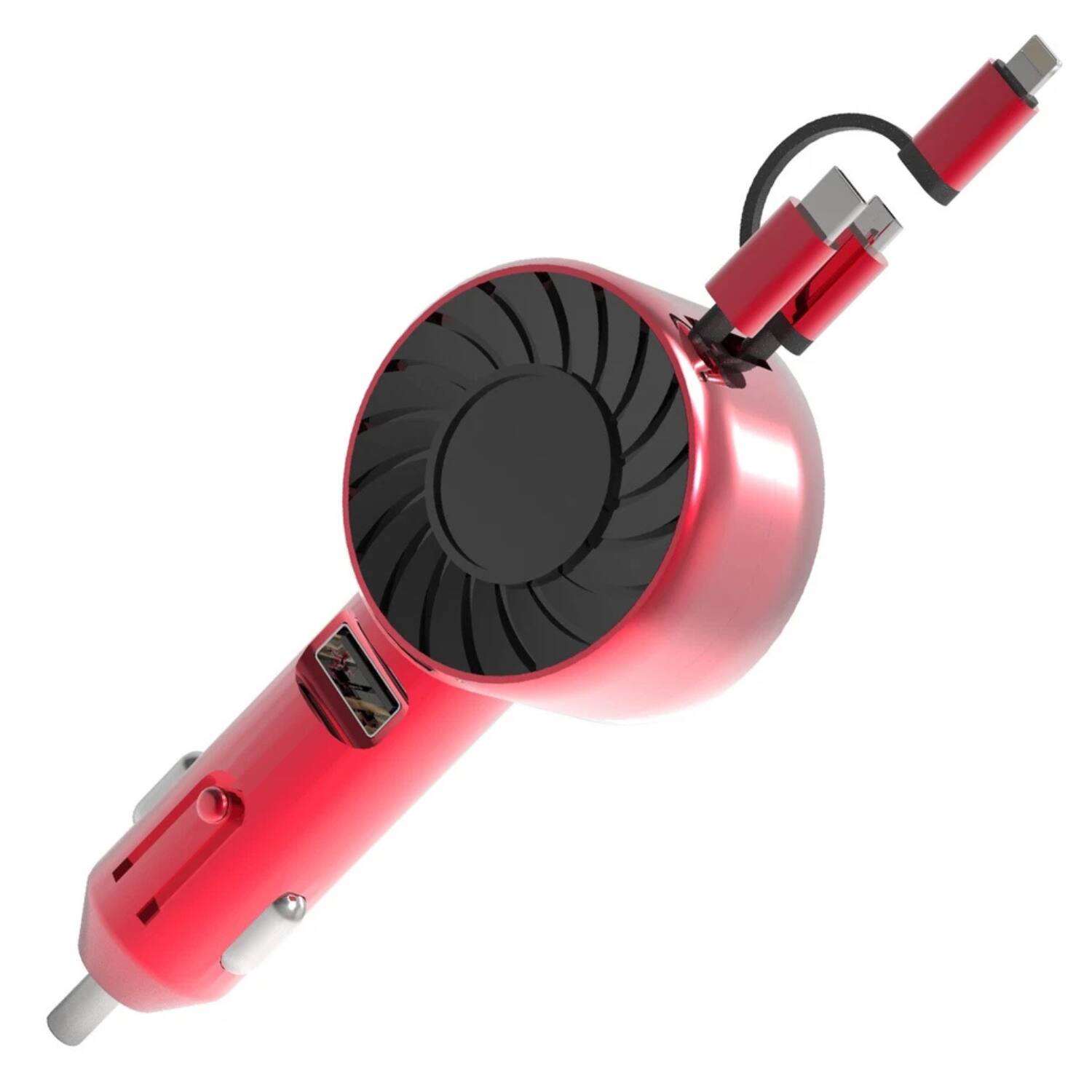Angle. Home Collection - 3-in-1 Retractable Car Charger 21W Fast Charging Adapter Red - Red.