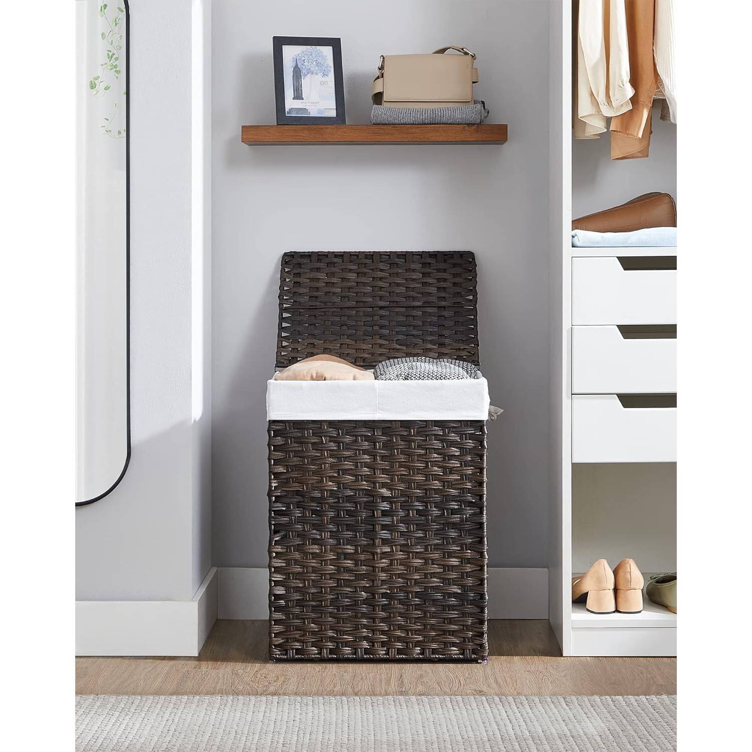 Angle. Hivvago - Brown PP Rattan 24-Gal Laundry Hamper Basket w/ 2-Compartment Washable Liner Bag - Brown.