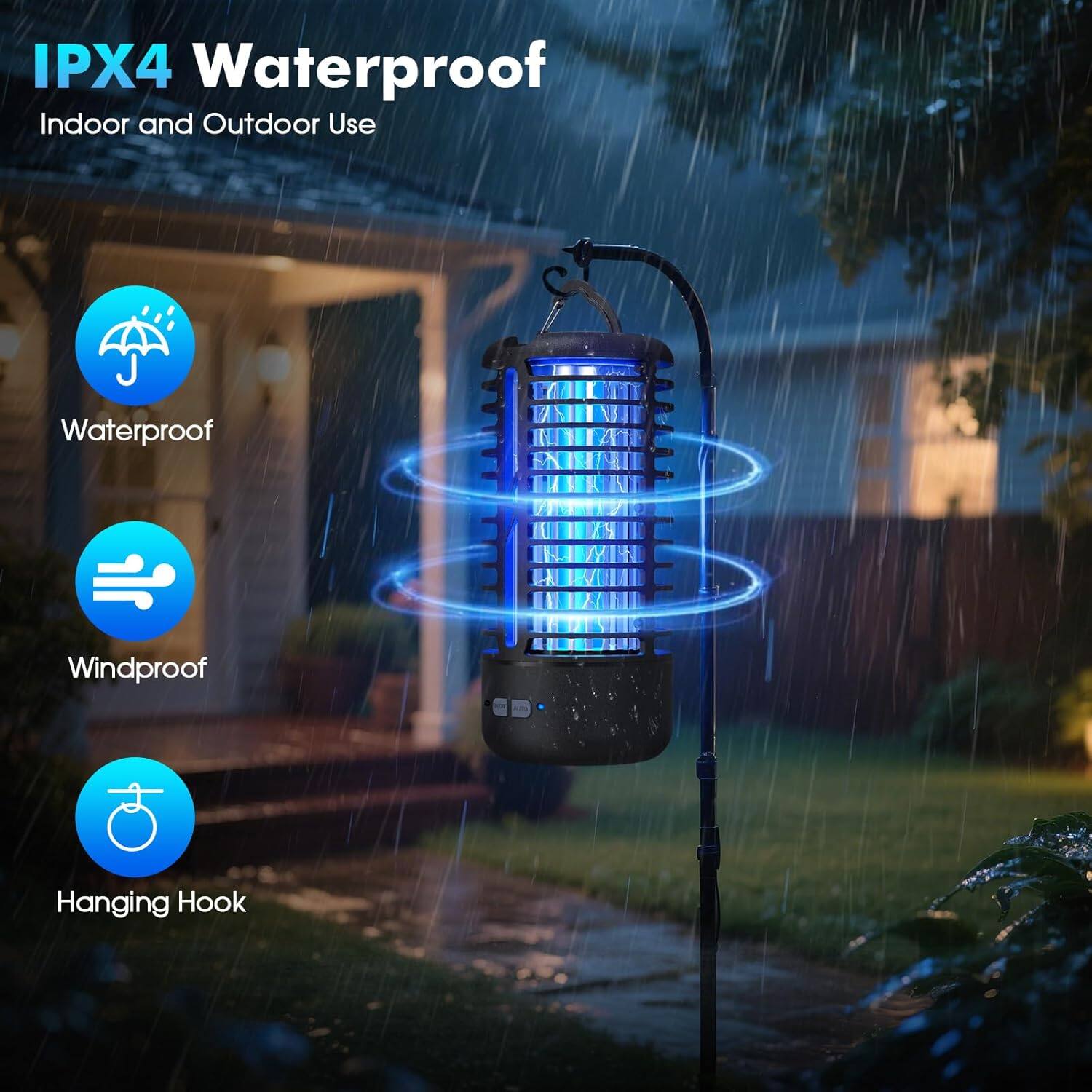 IPX4 Waterproof  
Indoor and Outdoor Use  

Waterproof  
Windproof  
Hanging Hook
