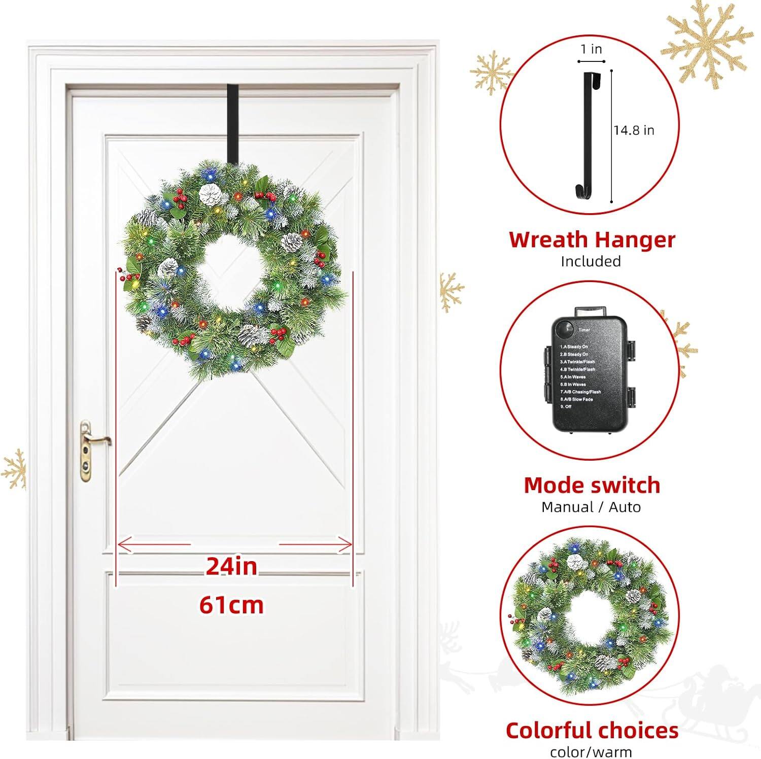 1 in 14.8 in  
Wreath Hanger Included  

24in 61cm  

Mode switch  
Manual / Auto  

Colorful choices  
color/warm