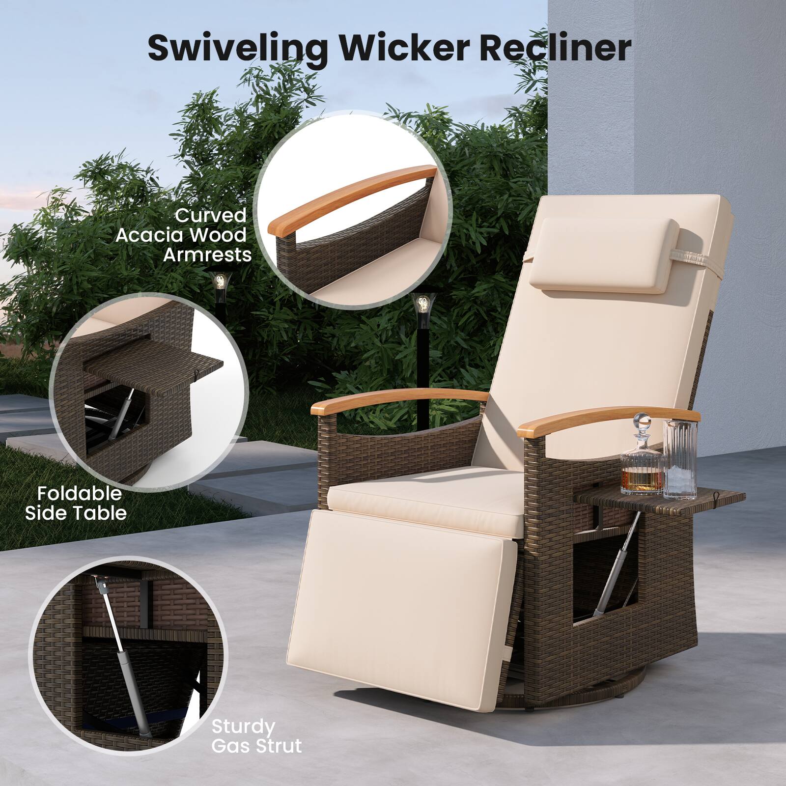 Swiveling Wicker Recliner

- Curved Acacia Wood Armrests
- Foldable Side Table
- Sturdy Gas Strut