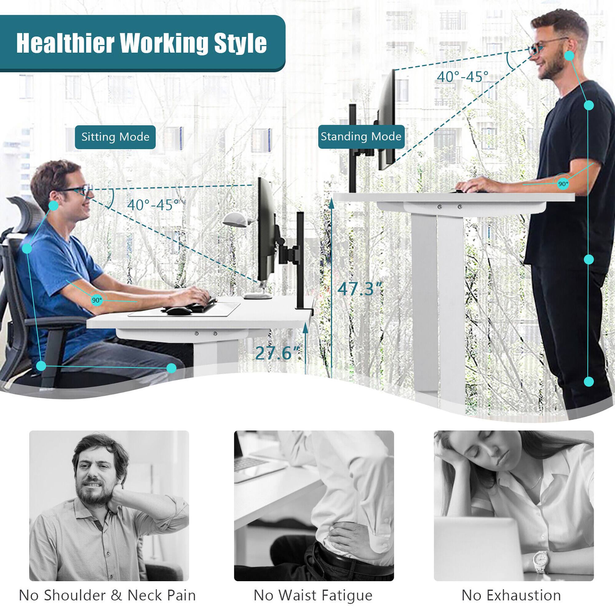 Healthier Working Style

Sitting Mode
Standing Mode
40-45
40-45
90
47.3
27.6"
No Shoulder & Neck Pain
No Waist Fatigue
No Exhaustion