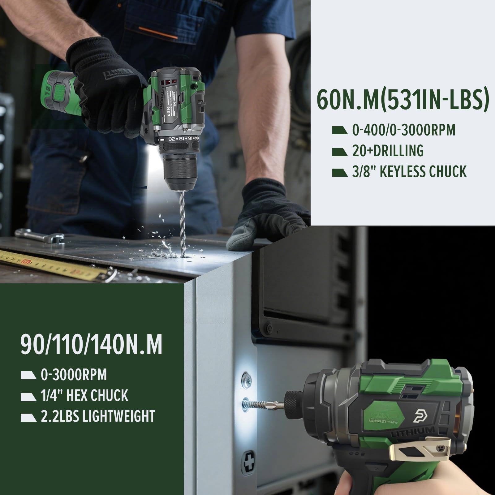 Sure, here is the corrected and grouped text from the image:

---

**60N.M (531IN-LBS)**  
- 0-400/0-3000RPM  
- 20+ DRILLING  
- 3/8" KEYLESS CHUCK  

**90/110/140N.M**  
- 0-3000RPM  
- 1/4" HEX CHUCK  
- 2.2LBS LIGHTWEIGHT  

**LITHIUM**  

---