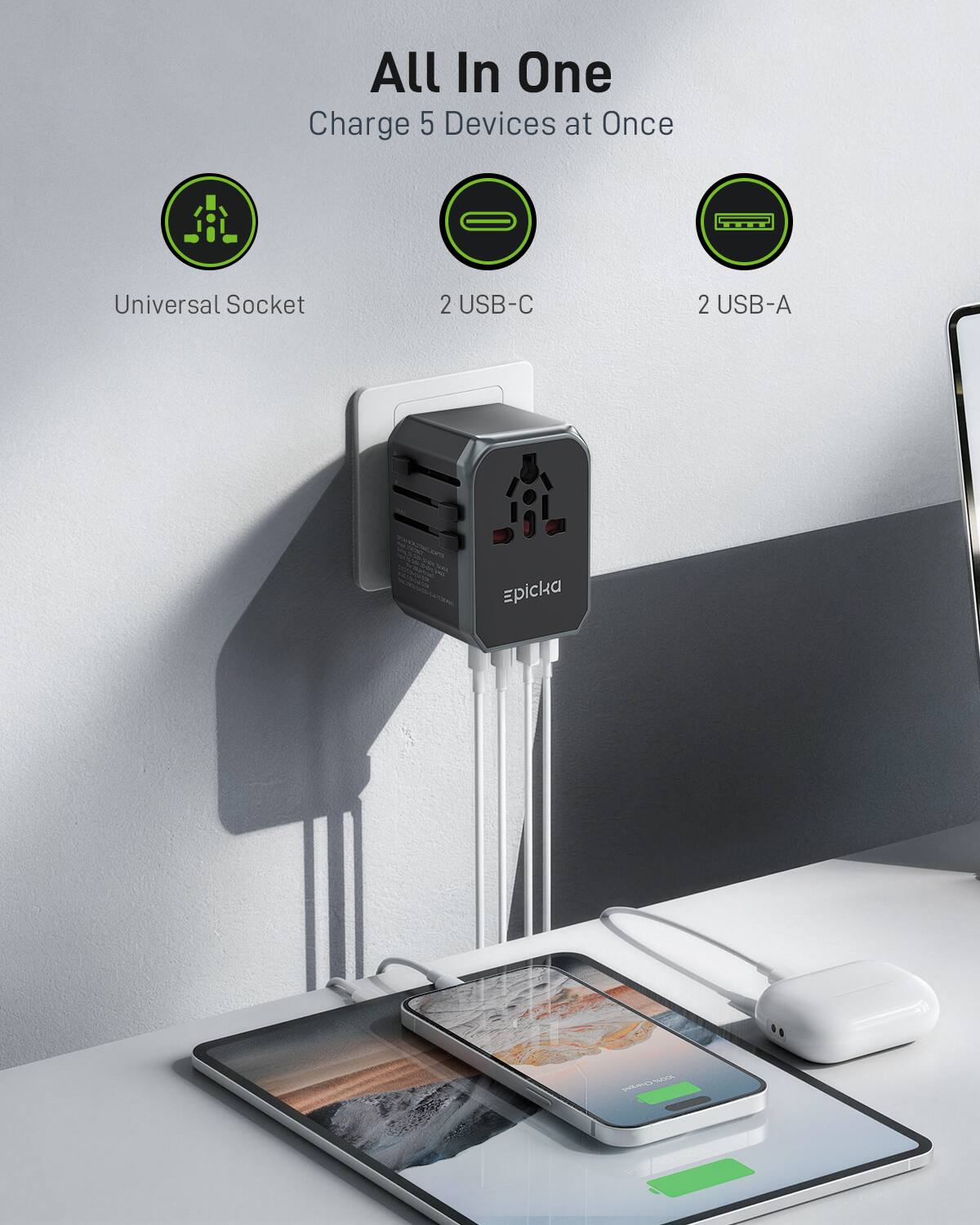 All In One  
Charge 5 Devices at Once  
Universal Socket  
2 USB-C  
2 USB-A  
Epicka