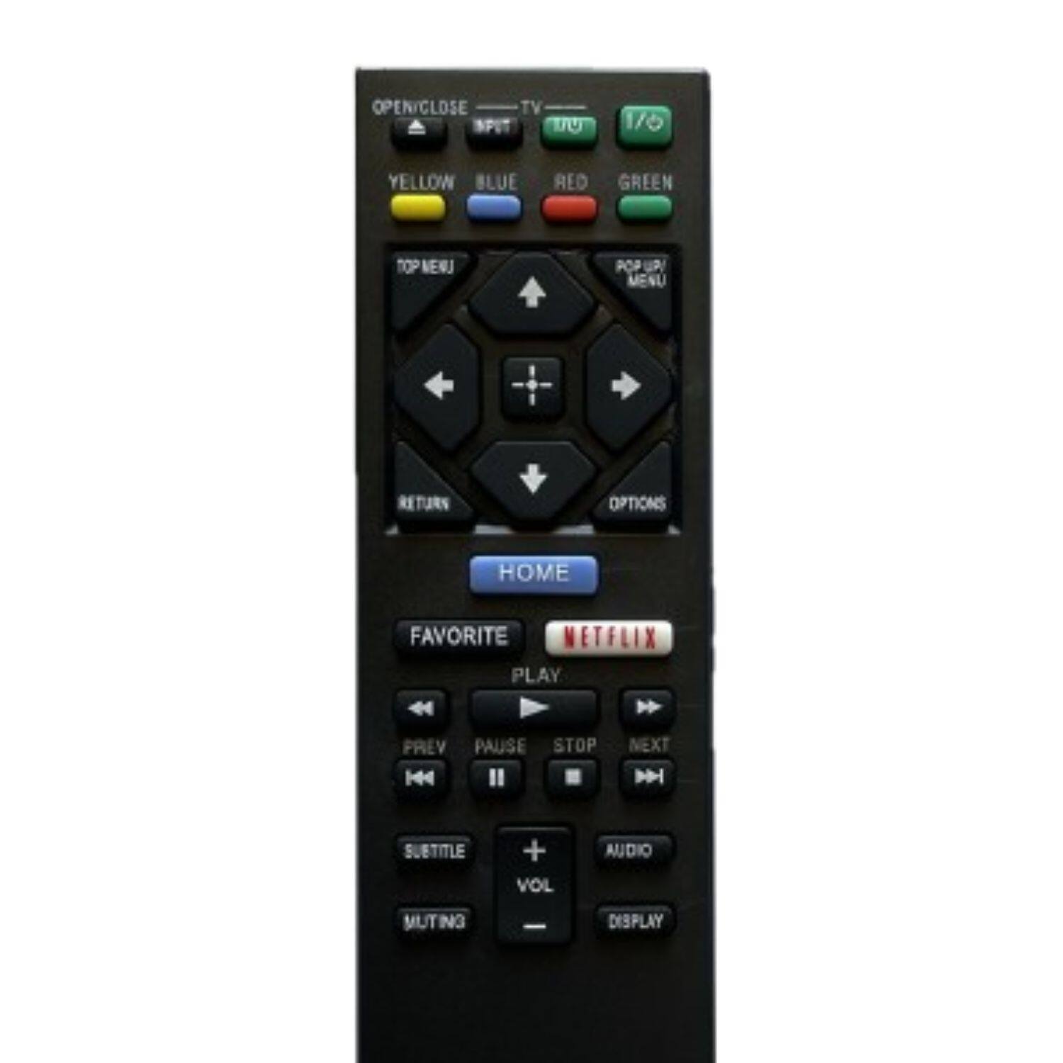 Sure, here is the corrected and grouped text from the image:

**Top Section:**
- OPEN/CLOSE
- TV
- INPUT
- YELLOW
- BLUE
- RED
- GREEN

**Middle Section:**
- POP UP MENU
- TOP MENU
- RETURN
- OPTIONS
- HOME
- FAVORITE
- NETFLIX
- PLAY
- PREV
- PAUSE
- STOP
- NEXT
- SUBTITLE
- VOL
- AUDIO
- MUTING
- DISPLAY

**Bottom Section:**
- (Arrow keys for navigation)