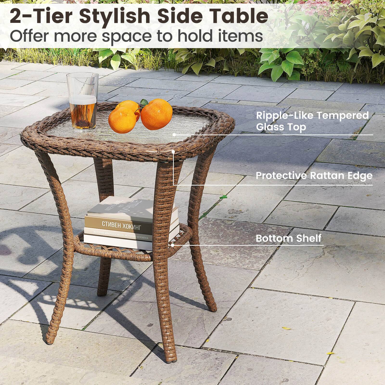 2-Tier Stylish Side Table Offer more space to hold items Ripple-Like Tempered Glass Top Protective Rattan Edge Bottom Shelf