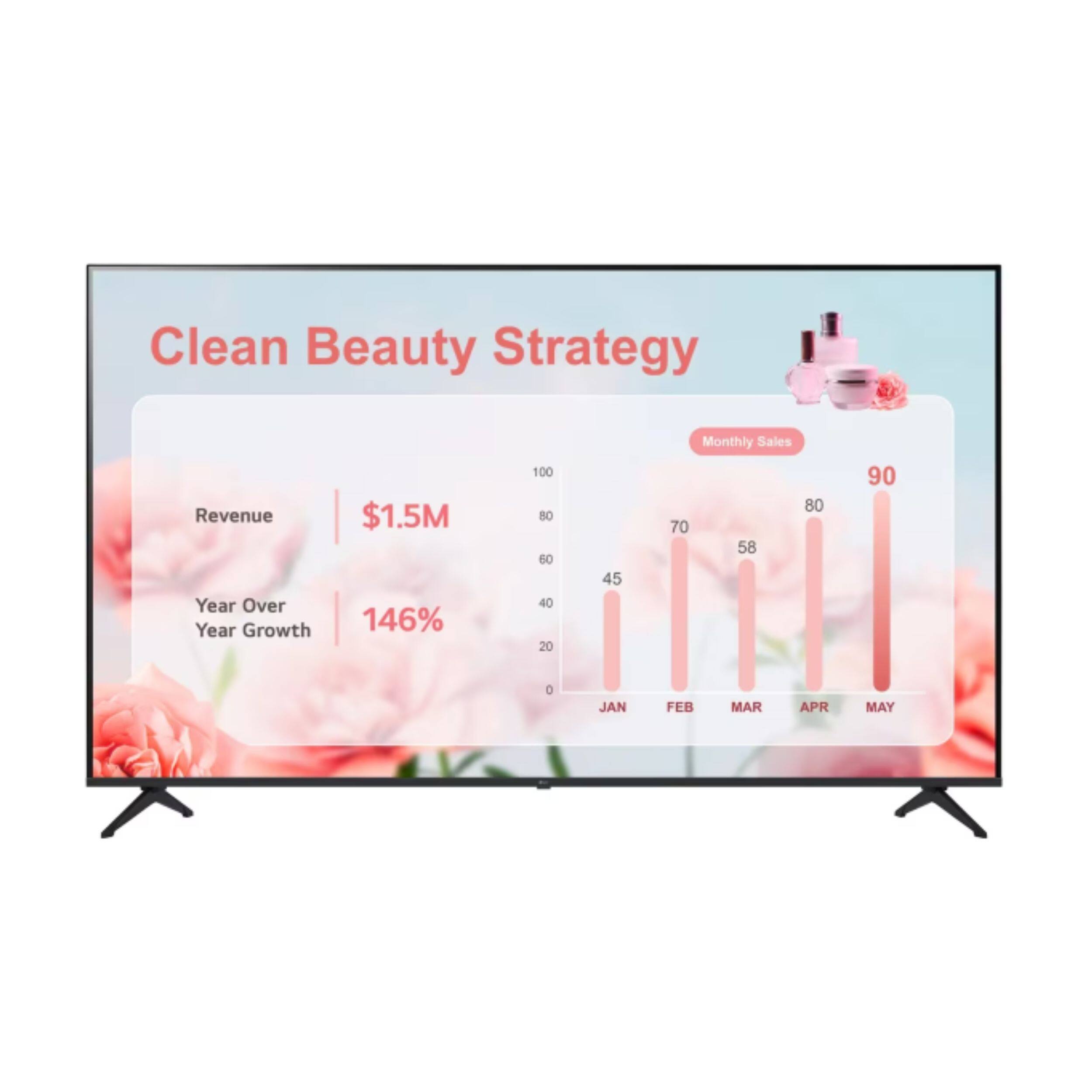 Clean Beauty Strategy

Revenue: $1.5M

Year Over Year Growth: 146%

Monthly Sales:
- JAN: 45
- FEB: 70
- MAR: 58
- APR: 80
- MAY: 90