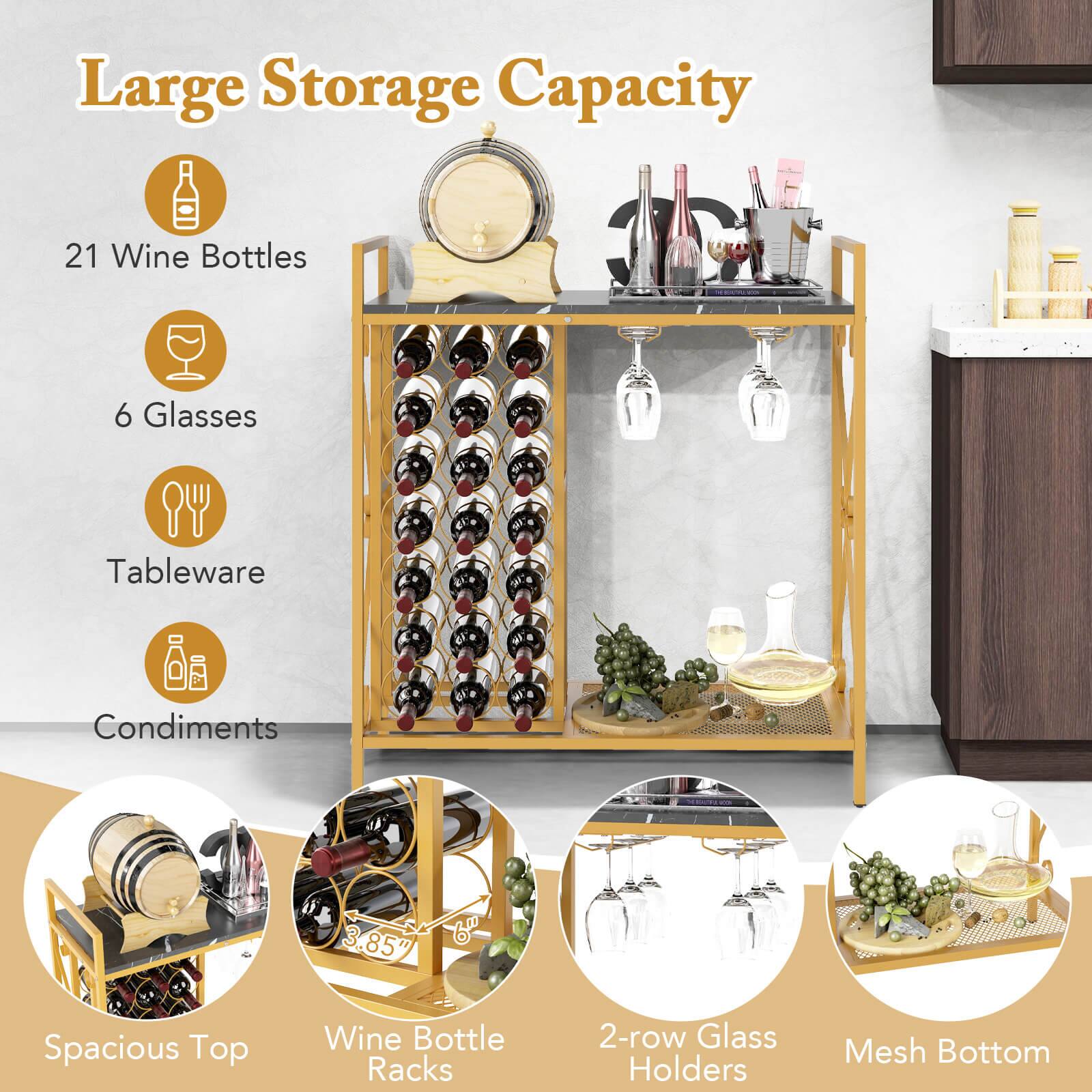 Large Storage Capacity
21 Wine Bottles
6 Glasses
Tableware
Condiments
Spacious Top
Wine Bottle Racks
2-row Glass Holders
Mesh Bottom