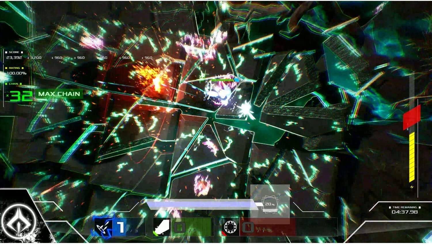 SCORE 23,322  
See 9,200 960 960 960 950 960 960  
HATING 100.00%  
CHAIN 32 MAX CHAIN  
TIME REMAINING 04:37.98