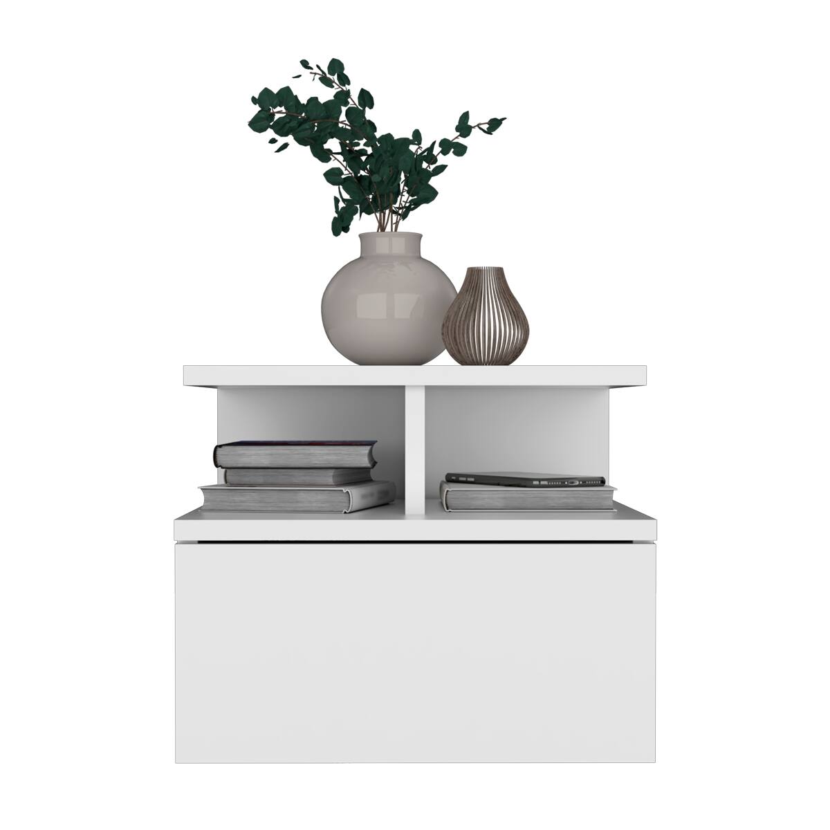 Alt View 1. Loheer - Loheer Floating Nightstand, White Wall Mounted Nightstand with Single Drawer and Two Tier Shelf - White.