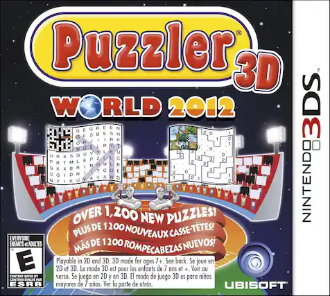 Puzzler 3D
WORLD 2012
OVER 1,200 NEW PUZZLES!
PLUS DE 1200 NOUVEAUX CASSE-TÊTES!
MÁS DE 1200 ROMPECABEZAS NUEVOS!
Playable in 2D and 3D. 3D mode for ages 7+. See back.
Se joue en 2D et 3D. Le mode 3D est pour les enfants de 7 ans et +. Voir au verso.
Se juega en 2D y en 3D. El modo de juego 3D es para niños mayores de 7 años. Ver la parte de atrás.
EVERYONE
ENFANTS et ADULTES
CONTENIDO EJECUTABLE POR
E
CONTENT RATED BY ESRB
UBISOFT - E (Everyone)