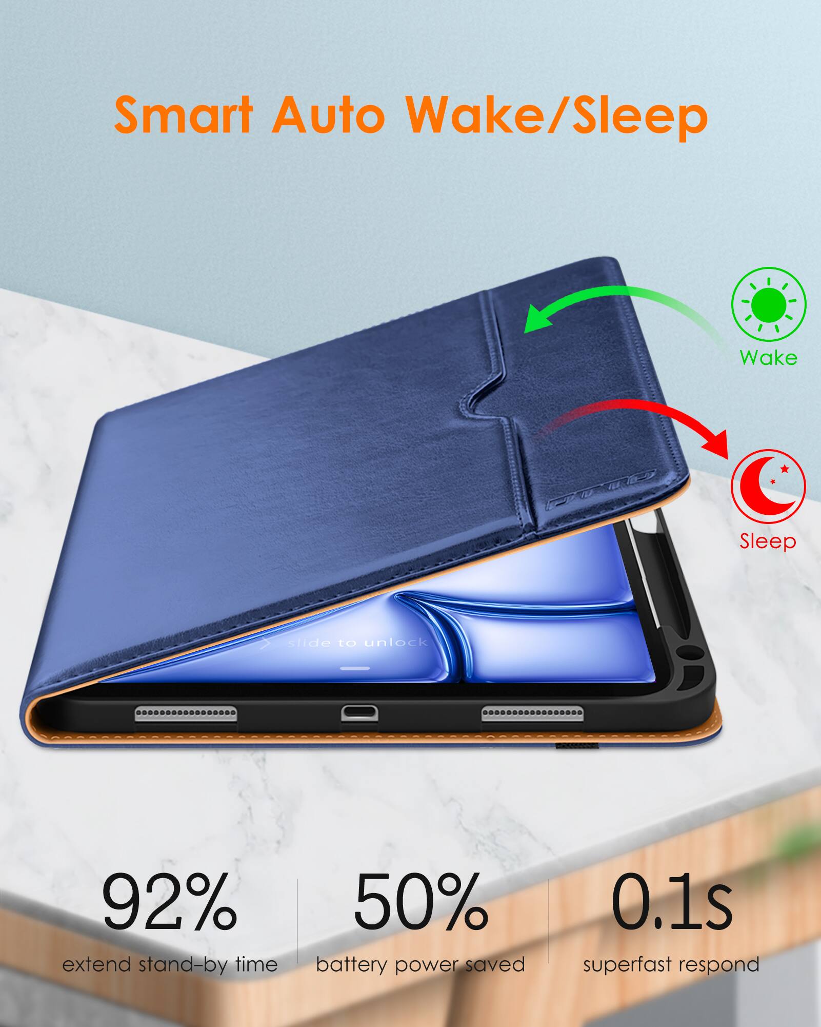 Smart Auto Wake/Sleep

- 92% extend stand-by time
- 50% battery power saved
- 0.1s superfast respond

Wake
Sleep

slide to unlock