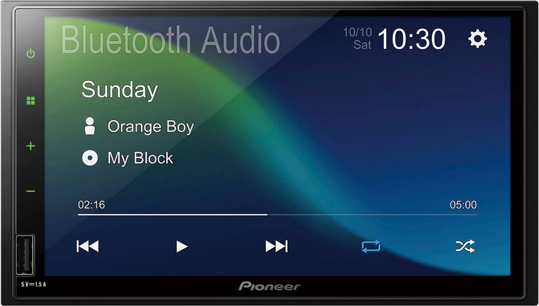 Bluetooth Audio  
Sunday  
Orange Boy  
My Block  

10/10 Sat 10:30  
02:16 05:00  

5V 5V=1.5A  
Pioneer