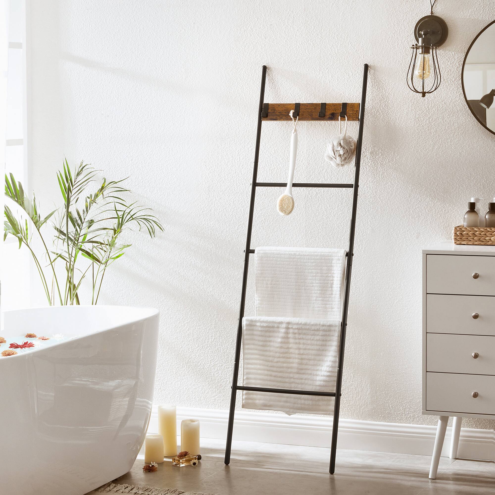 Angle. Songmics Home - Blanket Ladder, 5-Tier Ladder Shelf, Decorative Ladder with 4 Removable Hooks, Metal Frame, Industrial Style - Rustic Brown and Black.