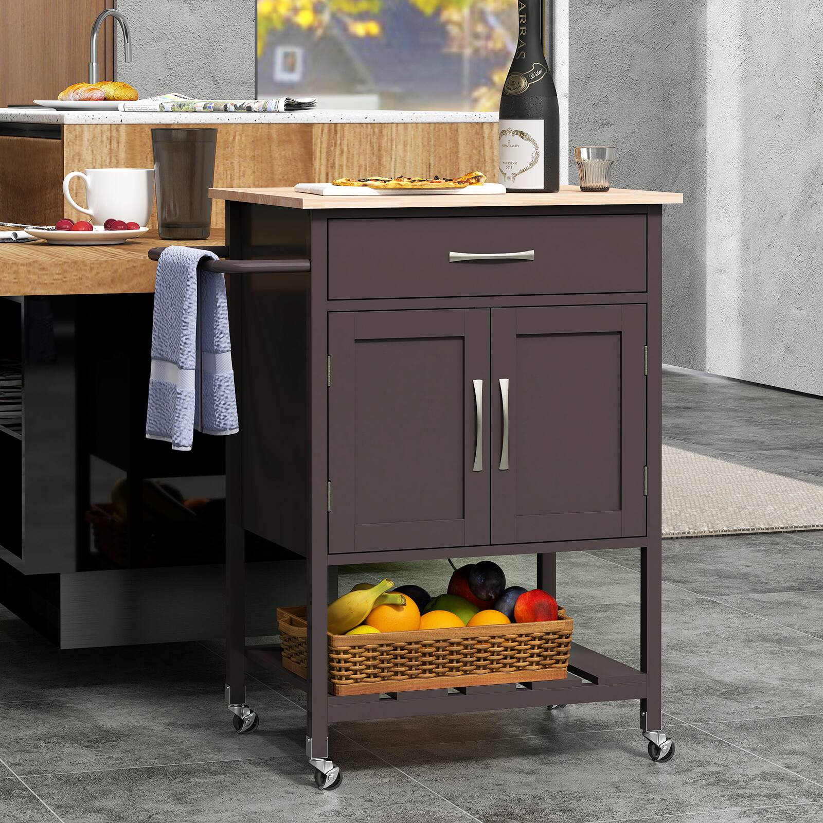 Alt View 8. Ecooso - Rolling Kitchen Island Cart with Drawer, Towel Rack, and Storage for Kitchen Essentials - Brown.