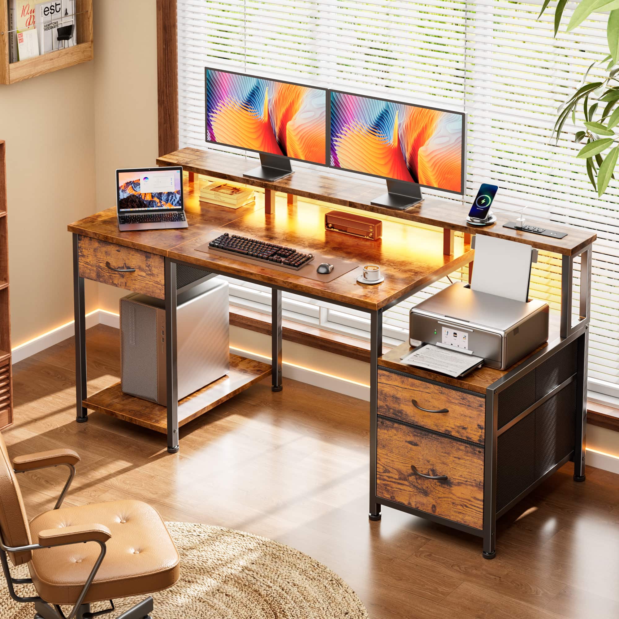 Furnulem - Computer Desk With Drawers Power Outlet Gaming Desk With Storage Shelves for Home Office Desk - Brown