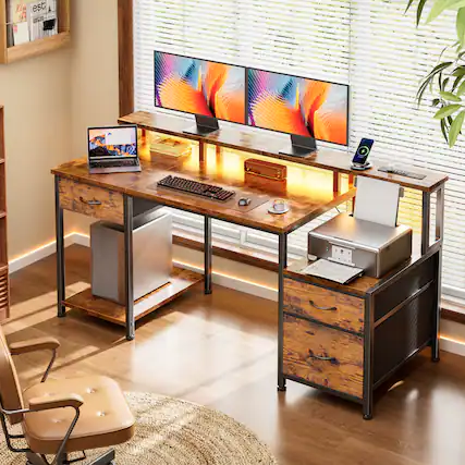 Front. Furnulem - Computer Desk With Drawers Power Outlet Gaming Desk With Storage Shelves for Home Office Desk - Brown.
