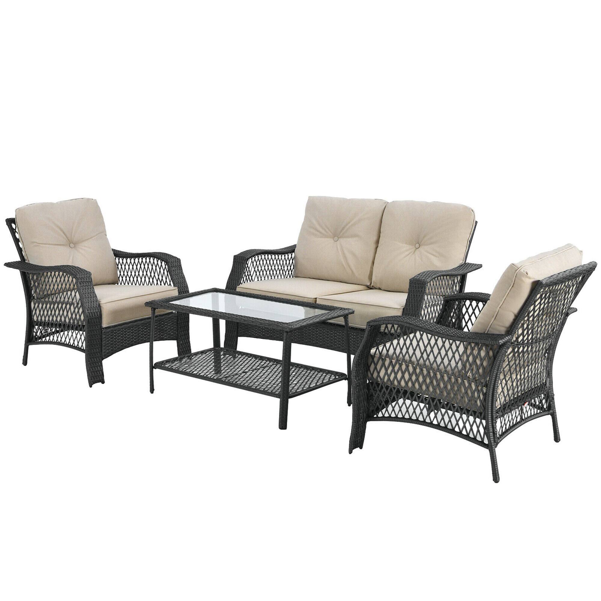 Alt View 6. Gymax - Gymax 4PCS Cushioned Patio Conversation Set Outdoor Rattan Furniture Set - Beige.