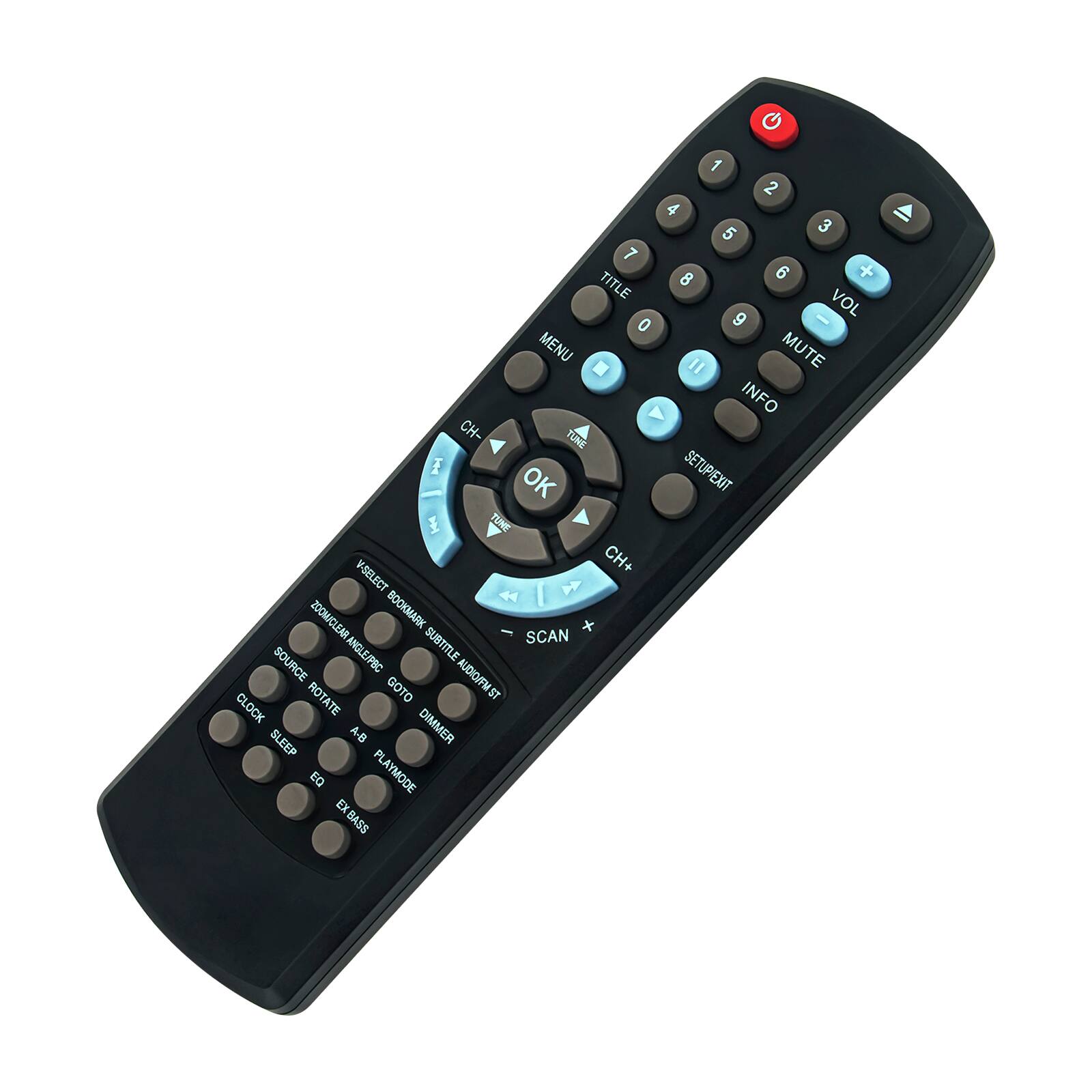 G 1 2 4 5 3 7 8 6 + TITLE VOL 0 9 MENU MUTE II INFO CH- TUNE I SETURI EXIT OK TUE CH+ V-SELECT ZOOM CLEAR BOOKMARK + SOURCE ZOOM/CLEAR ANGLE/PBC ANGLE/PBC SUBTITLE SCAN ROTATE GOTO AUDIC/FIA ST ST CLOCK SLEEP A-B DIMMER EQ PLAYMODE EXBASS