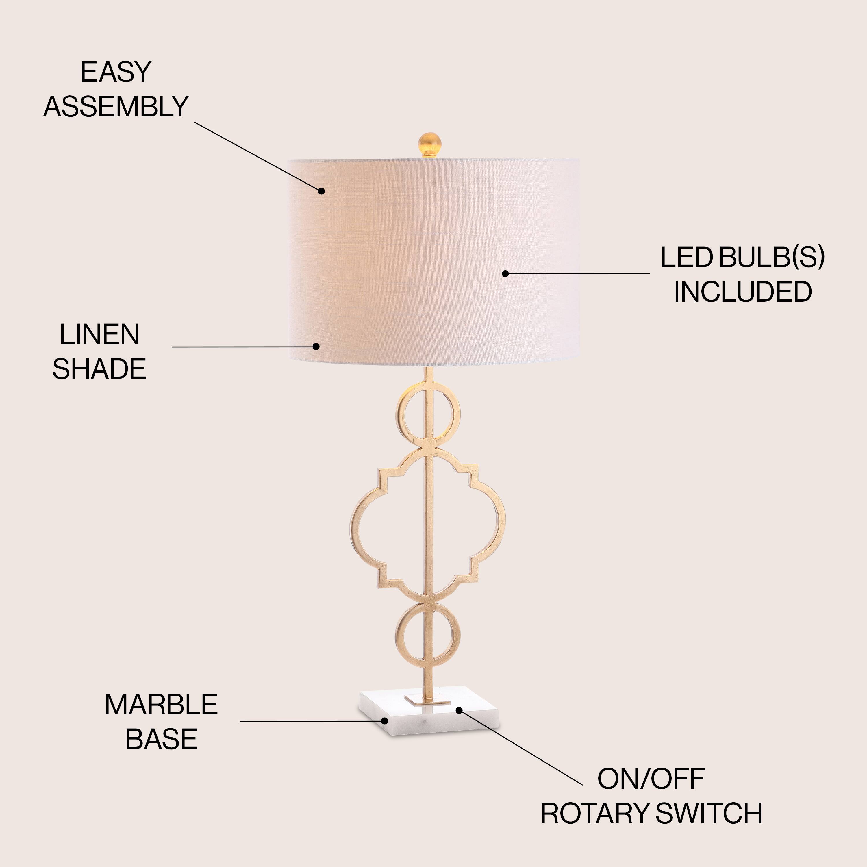 EASY ASSEMBLY  
LINEN SHADE  
LED BULB(S) INCLUDED  
MARBLE BASE  
ON/OFF ROTARY SWITCH