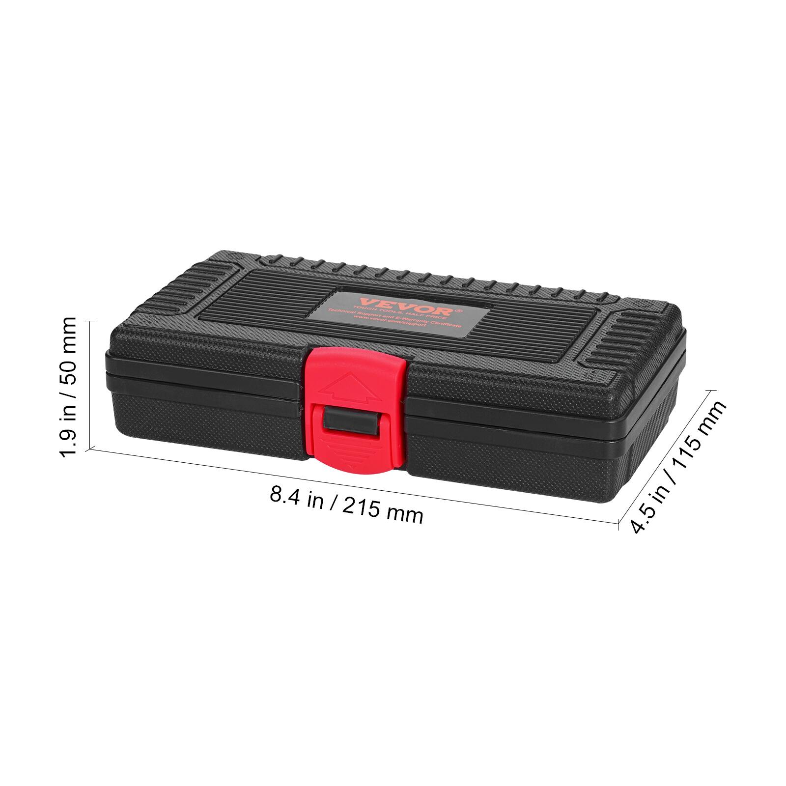 Sure, here is the corrected and grouped text from the image:

- **Dimensions:**
  - Length: 8.4 in / 215 mm
  - Width: 4.5 in / 115 mm
  - Height: 1.9 in / 50 mm

- **Brand:**
  - VEVOR

- **Text on the Case:**
  - VEVOR
  - Heavy Duty
  - Portable
  - Tool Box