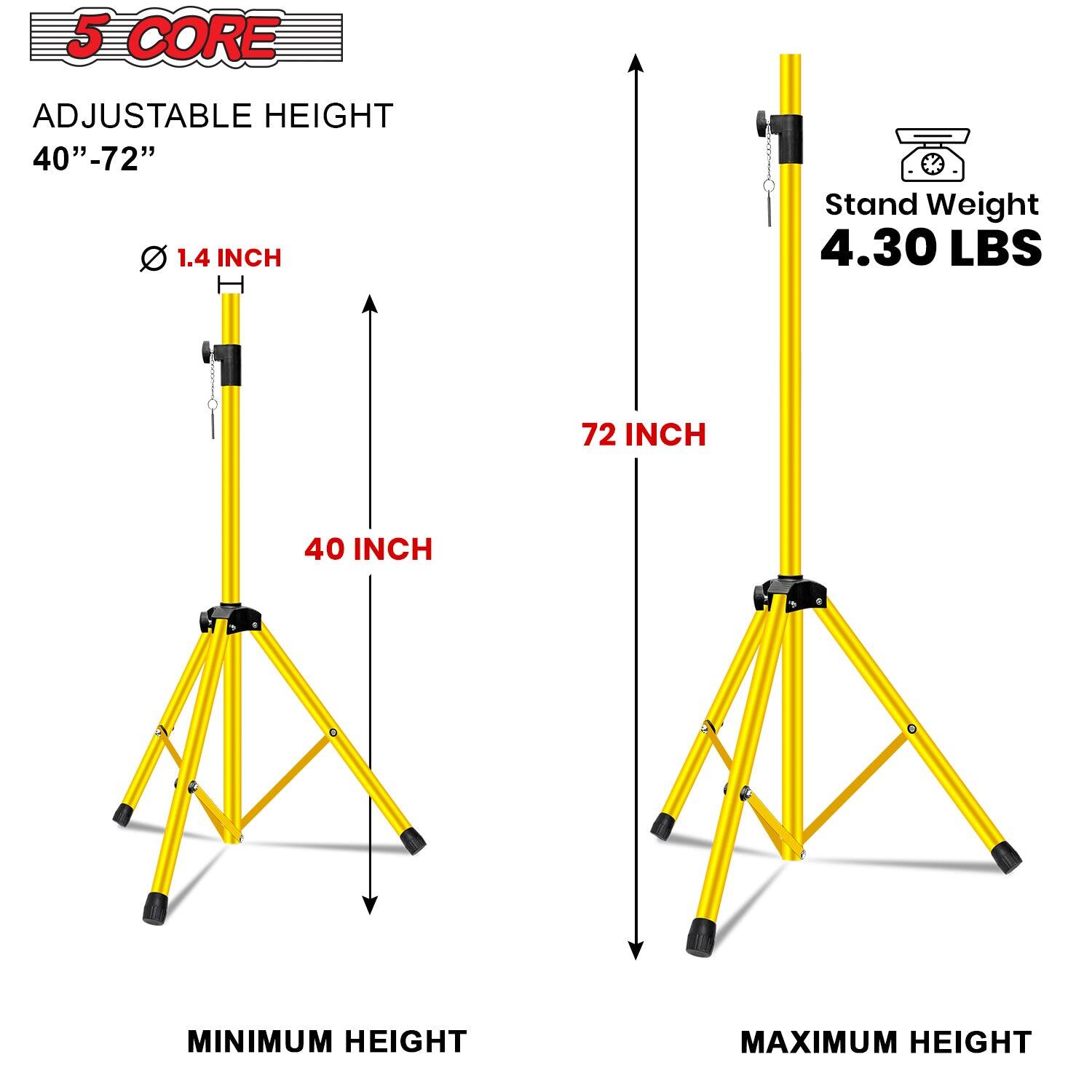 The corrected text is:

- 5 CORE Adjustable Height: 40"-72"
- 1.4 Inch Stand Weight: 4.30 LBS
- Minimum Height: 40 INCH
- Maximum Height: 72 INCH