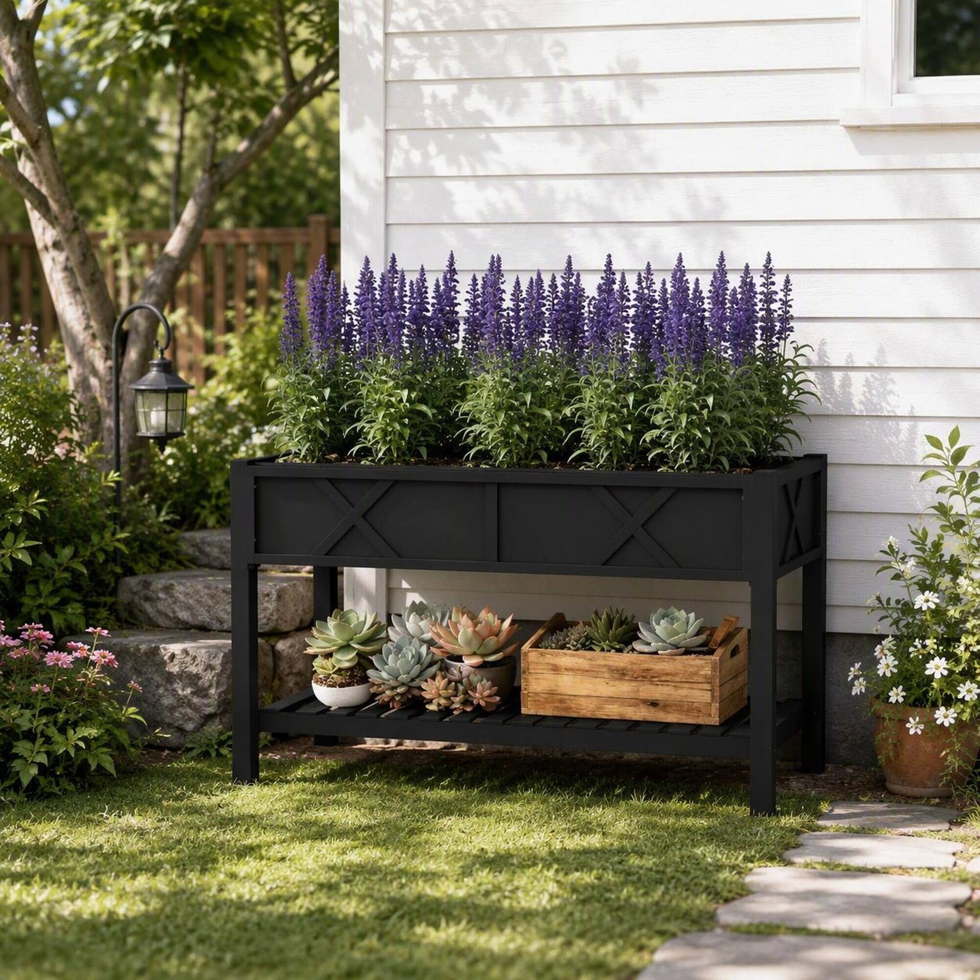 Alt View 2. RYHNUYNE - Raised Wooden Planter Box with Storage Shelf, Fir Wood Garden Bed with Drainage Holes and Liner, Black - Black.
