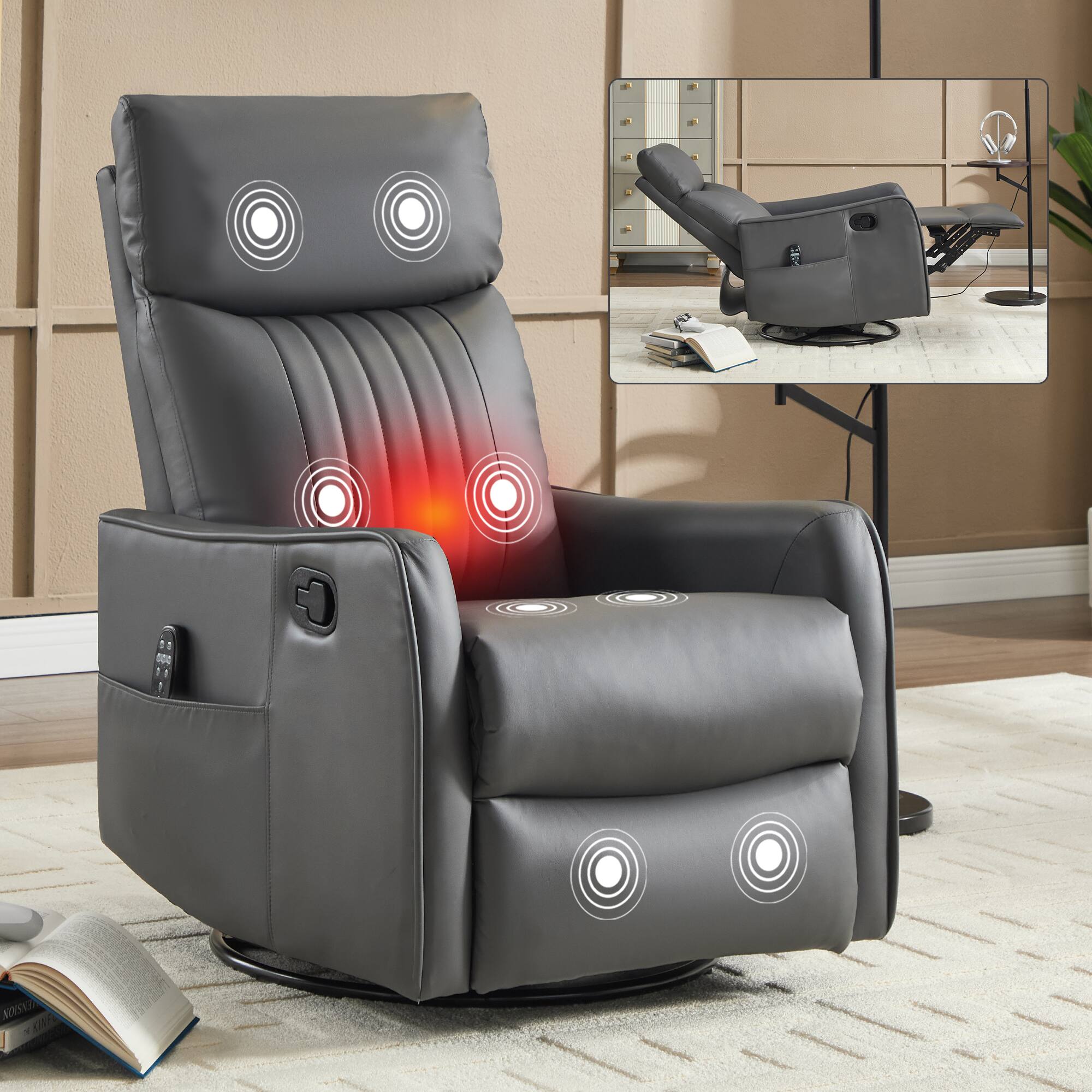 Angle. LUCKY ONE - Faux Leather Manual Recliner Chair with 360° Swivel, Rocker, Massage and Lumbar Heat - Grayish Green.