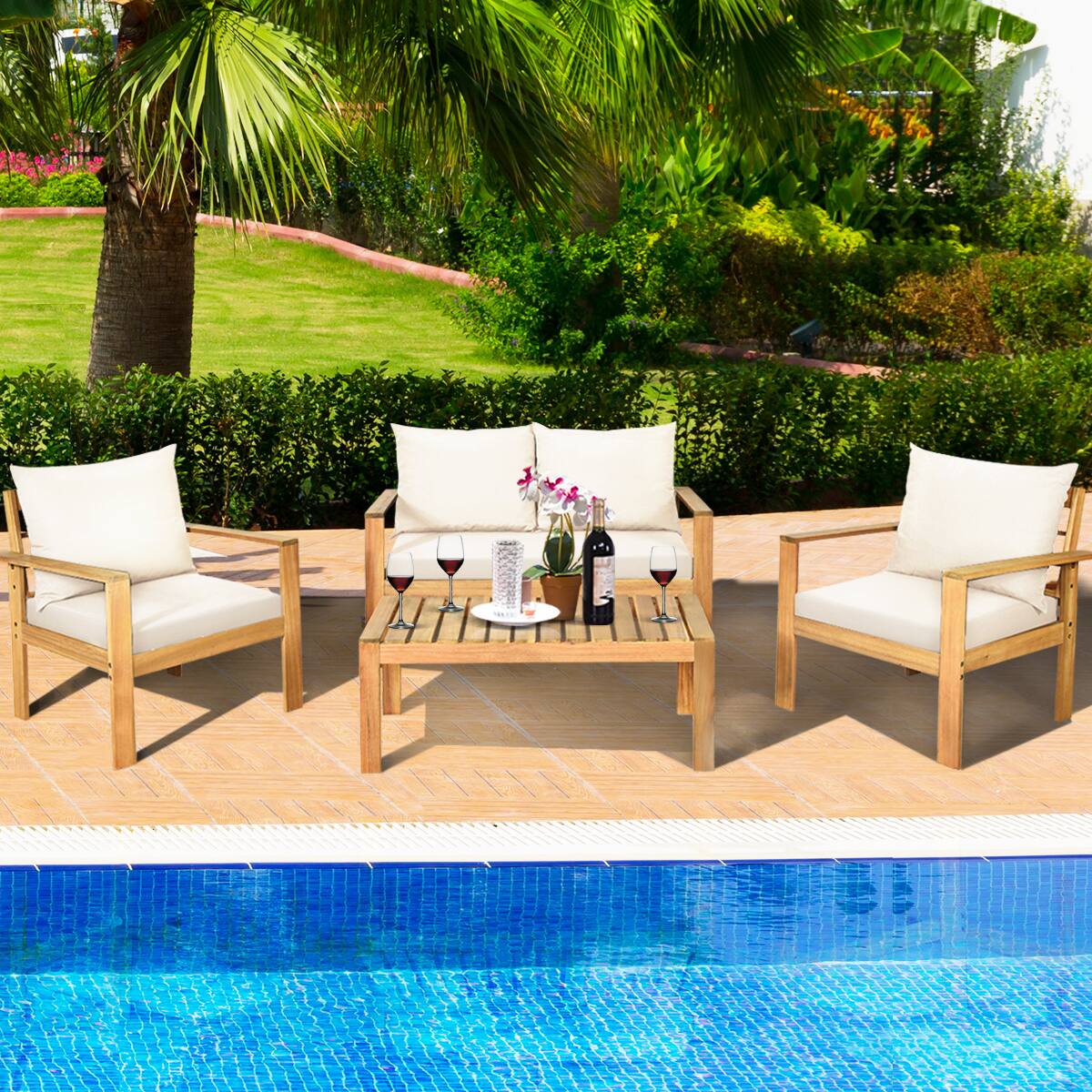 Front. Gymax - Gymax 4PCS Patio Acacia Wood Conversation Furniture Set w/ Off White Cushions - Off White.