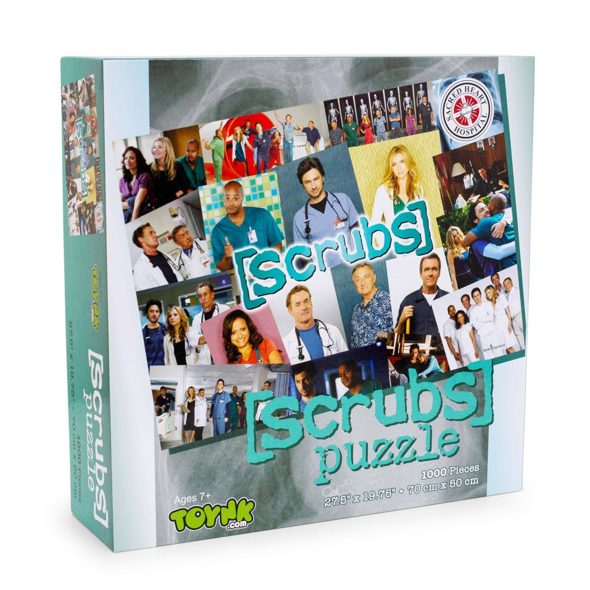 Sure, here is the corrected and grouped text from the image:

---

**Front of the Box:**

- **Title:** Scrubs Puzzle
- **Details:** 1000 Pieces, 27.5" x 19.75" (70 cm x 50 cm)
- **Ages:** 7+
- **Brand:** TOYNK.com
- **Hospital:** Sacred Heart Hospital

**Side of the Box:**

- **Title:** Scrubs Puzzle
- **Details:** 1000 Pieces, 27.5" x 19.75" (70 cm x 50 cm)
- **Ages:** 7+
- **Brand:** TOYNK.com

**Top Left Corner:**

- **Date:** 10.10.78

**Top Right Corner:**

- **Hospital Logo:** Sacred Heart Hospital

---

This text is organized to reflect the information as it appears on the puzzle box.