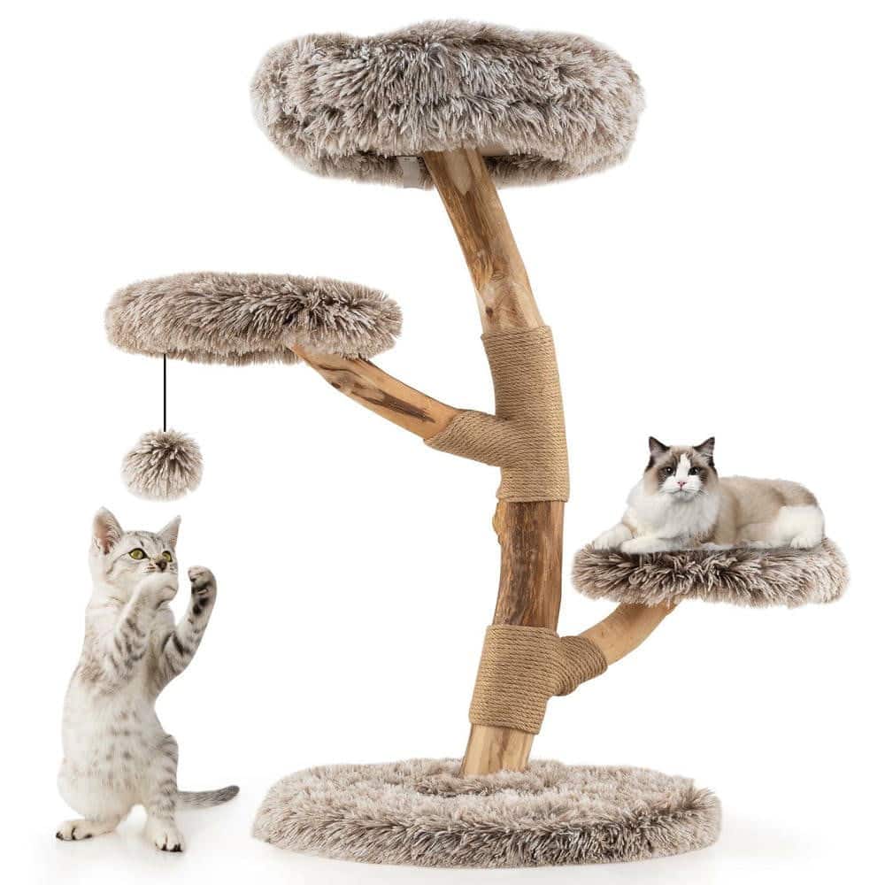 Kadyn - Solid Pear Wood Cat Tree with Perch and Natural Jute Scratching Posts - Brown