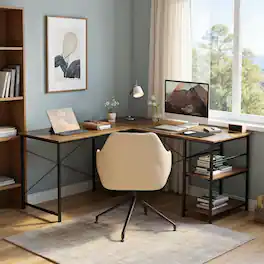 Kadyn - L Shaped Computer Desk with 4 Storage Shelves and Cable Holes-Rustic Home Office Desks, Gaming Computer Desks - Brown
