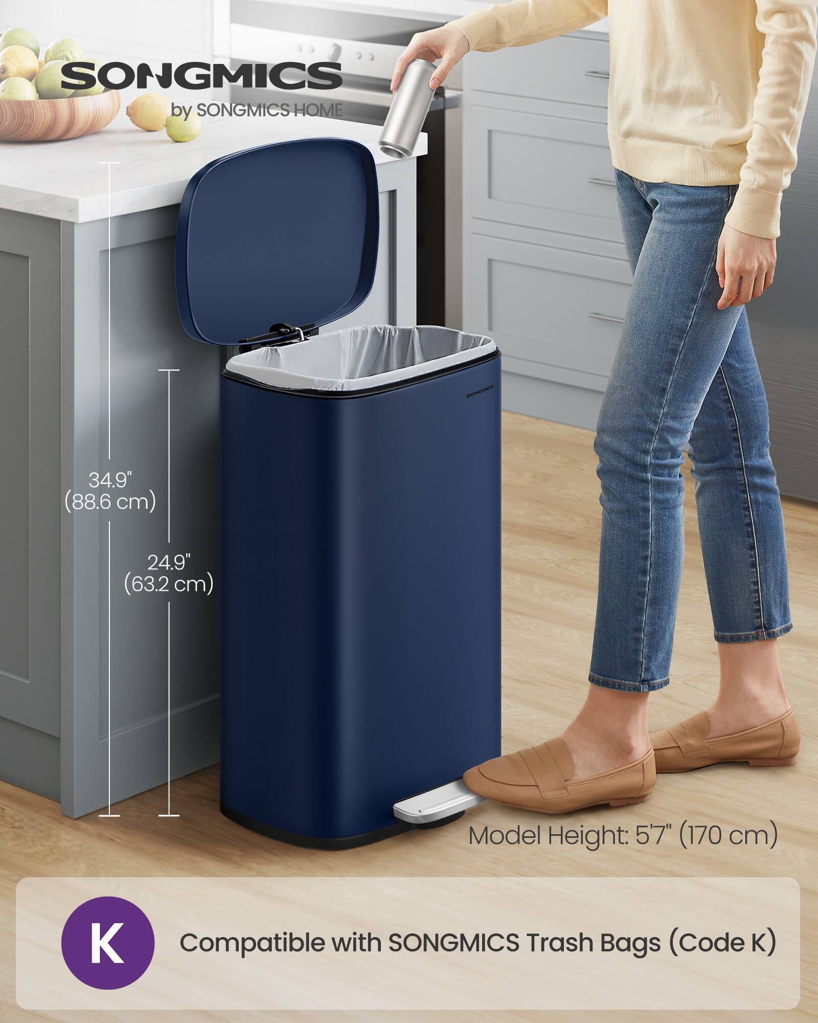 SONGMICS by SONGMICS HOME

34.9" (88.6 cm)  
24.9" (63.2 cm)  
Model Height: 57" (170 cm)  

Compatible with SONGMICS Trash Bags (Code K)