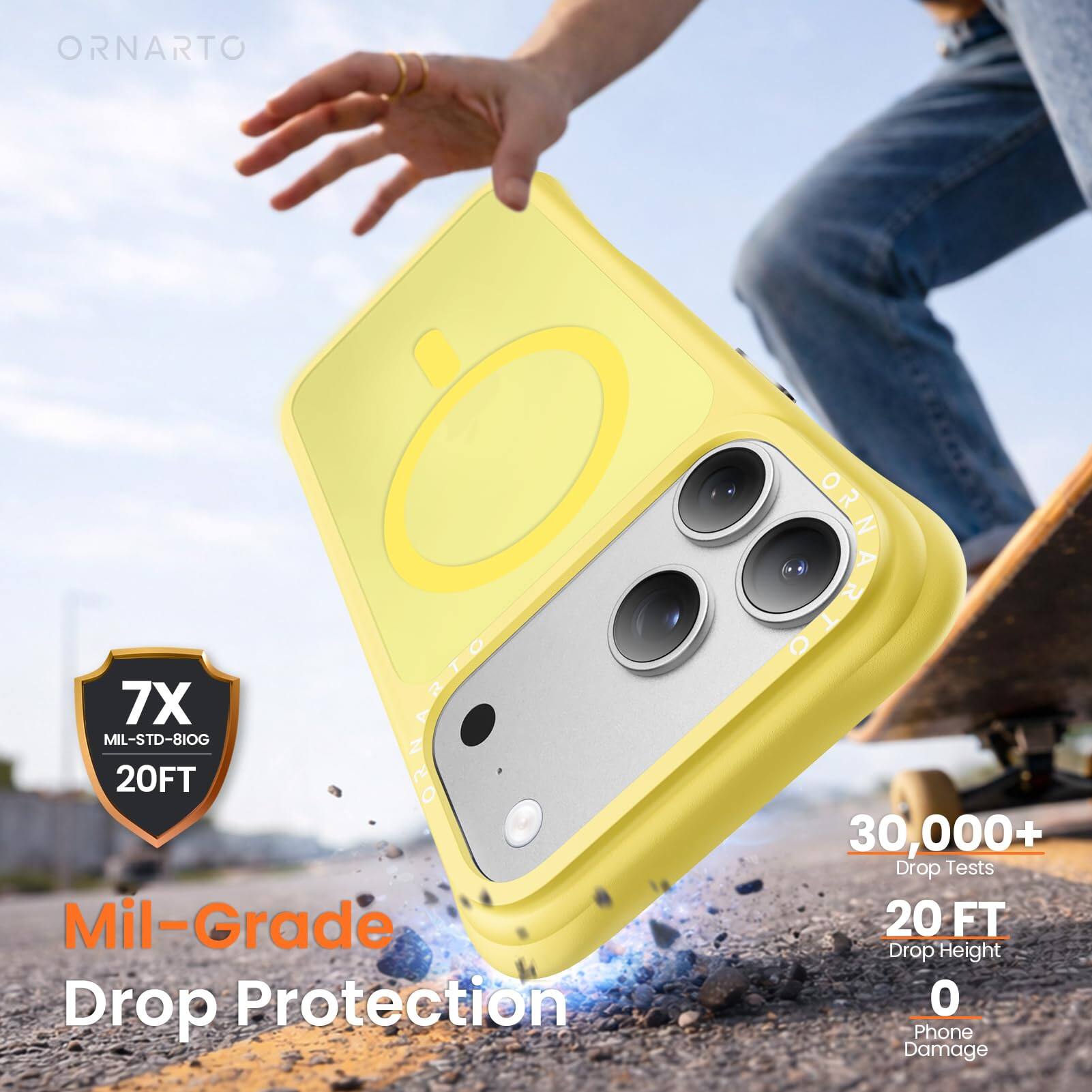 ORNARTO 7X MIL-STD-810G 20FT Mil-Grade Drop Protection  
ORNARTO 30,000+ Drop Tests  
20 FT Drop Height  
0 Phone Damage