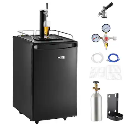 Front. VEVOR - Beer Kegerator, Single Tap Draft Beer Dispenser, Full Size Keg Refrigerator with Shelves, CO2 Cylinder, Drip Tray & Rail - Black.