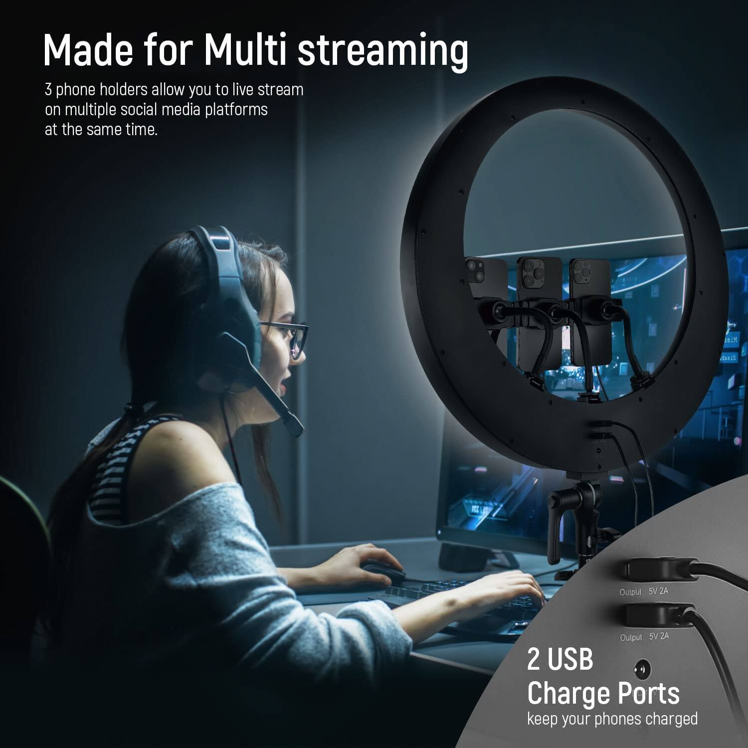 Made for Multi streaming  
3 phone holders allow you to live stream on multiple social media platforms at the same time.  

1LT MRIS Ouspu 5V2A Output SVZA 2 USB Charge Ports keep your phones charged