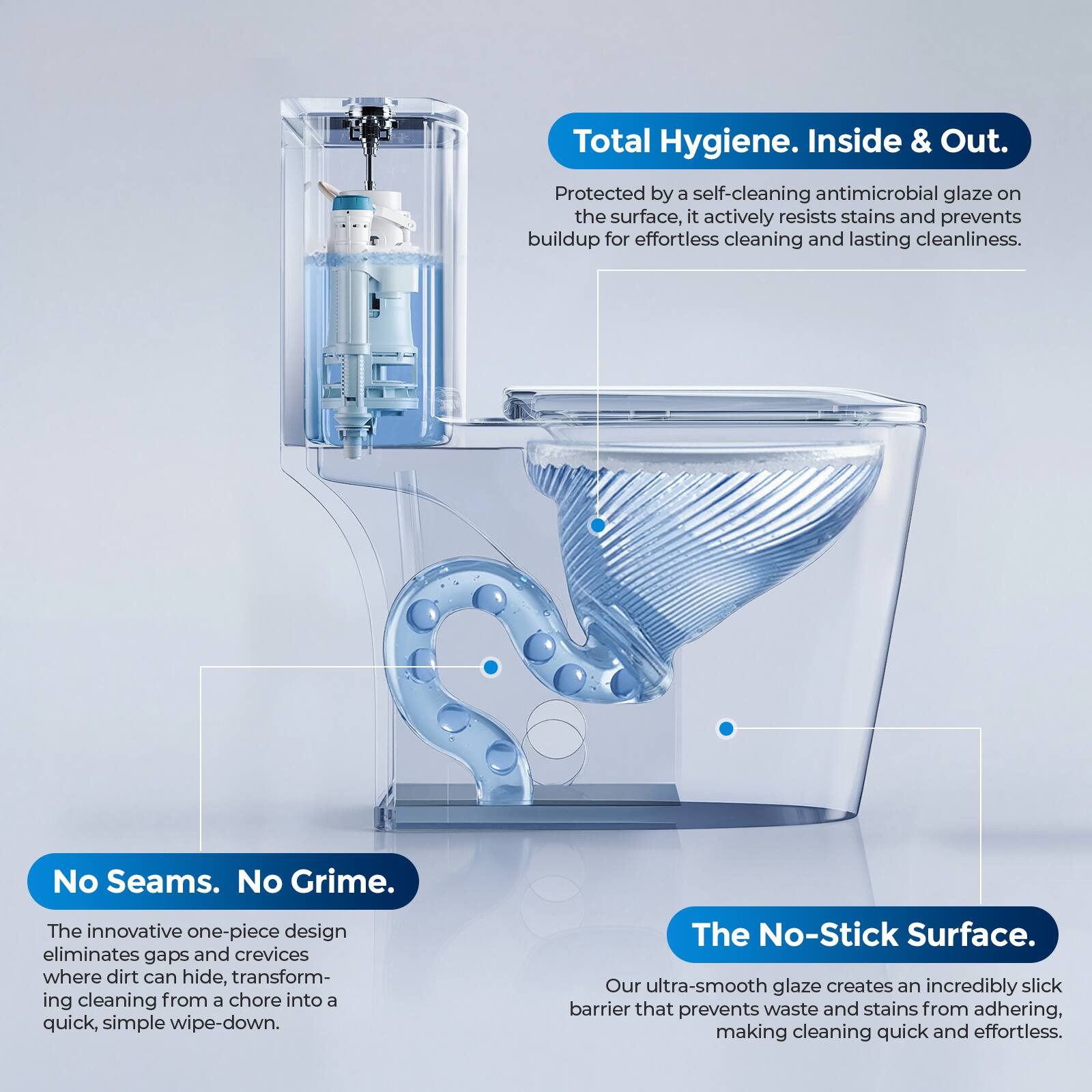 Total Hygiene. Inside & Out.  
Protected by a self-cleaning antimicrobial glaze on the surface, it actively resists stains and prevents buildup for effortless cleaning and lasting cleanliness.  

No Seams. No Grime.  
The innovative one-piece design eliminates gaps and crevices where dirt can hide, transforming cleaning from a chore into a quick, simple wipe-down.  

The No-Stick Surface.  
Our ultra-smooth glaze creates an incredibly slick barrier that prevents waste and stains from adhering, making cleaning quick and effortless.