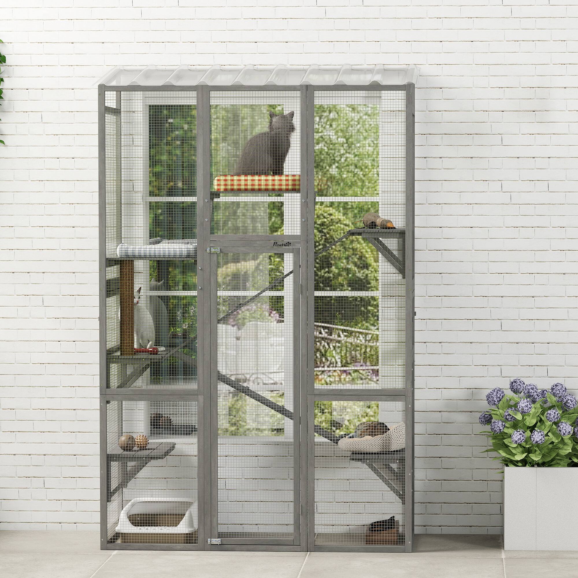 Alt View 8. Pawhut - Catio Cat Enclosure, Large Wooden Cat House with 6 Jumping Platforms, Scratching Post, 2 Ramps - Gray.