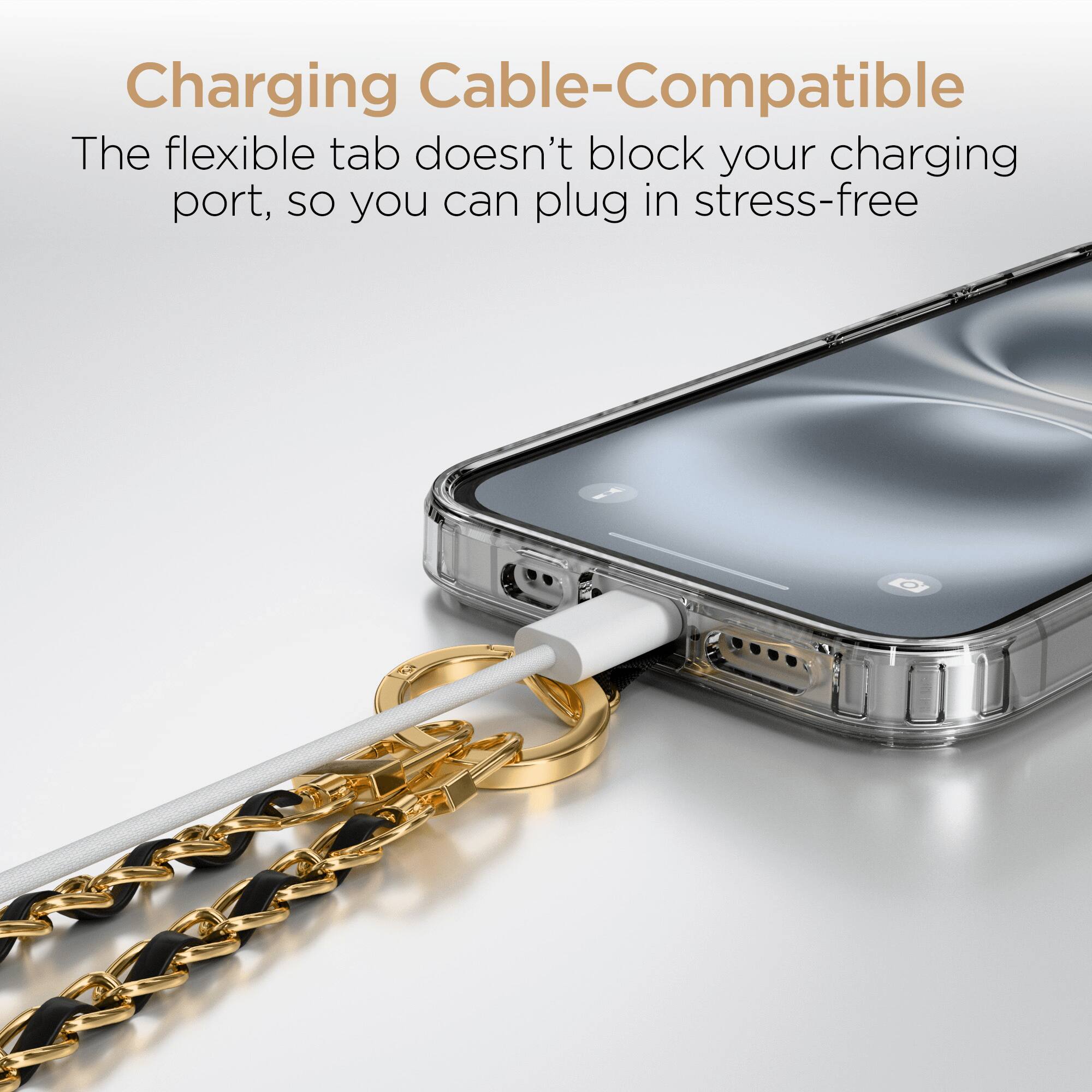 Charging Cable-Compatible

The flexible tab doesn't block your charging port, so you can plug in stress-free