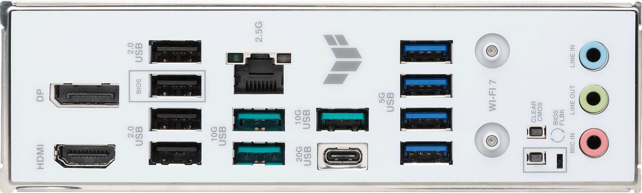DP HDMI 2.0 USB 2.0 USB 10G USB 2.5G 10G USB 20G USB 5G USB 7 WI-FI7 CLEAR CMOS BIOS FLBK IN LINE OUT LINE IN MIC