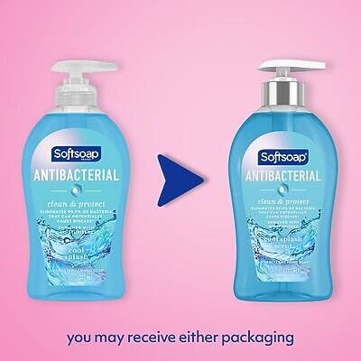 Softsoap ANTIBACTERIAL  
clean & protect  
ELIMINATES 99.9% OF BACTERIA THAT CAN POTENTIALLY CAUSE DISEASE  
cool splash scent  

Softsoap ANTIBACTERIAL  
clean & protect  
ELIMINATES 99.9% OF BACTERIA THAT CAN POTENTIALLY CAUSE DISEASE  
cool splash scent  

you may receive either packaging