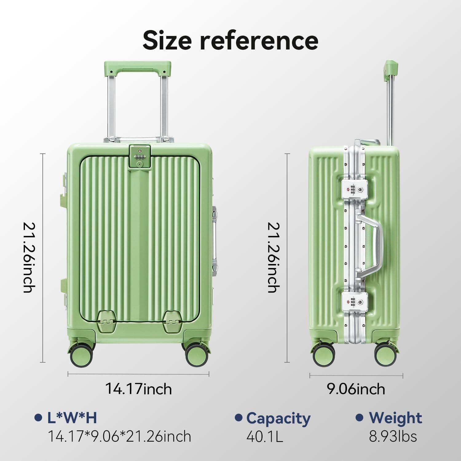 Size reference: 21.26inch (H) x 14.17inch (W) x 9.06inch (D)  
Capacity: 14.17*9.06*21.26inch = 40.1L  
Weight: 8.93lbs