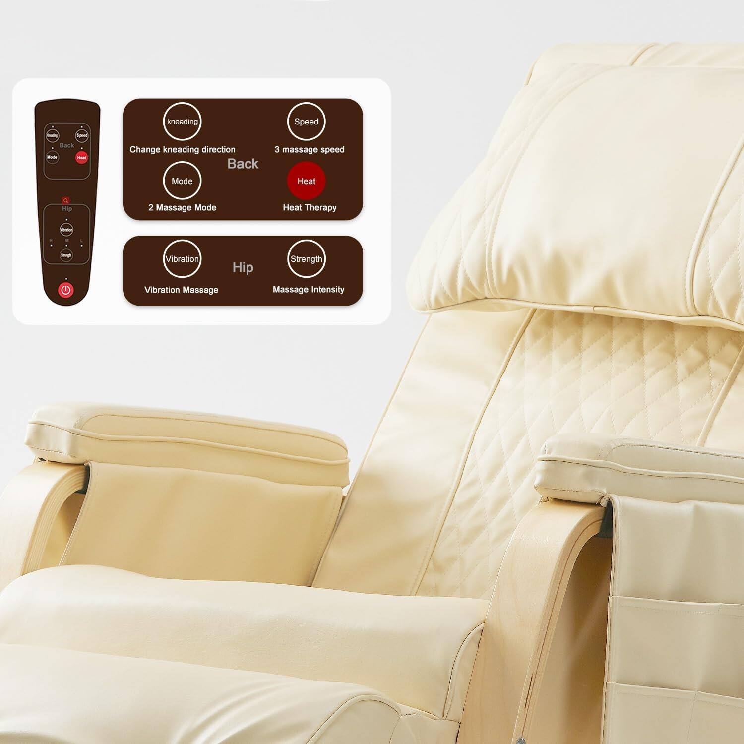 Kneading - Speed - Back - Change kneading direction - Back Mode - 3 massage speed - Heat - Heat Therapy - Vibration - Hip - Strength - Vibration Massage - Massage Intensity