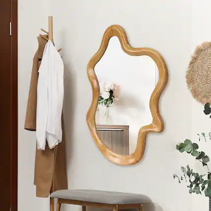 Front. PAIHOME - 33.46" x 22.24" Irregular Shaped Wall Mirror with Natural Wood Frame, Decorative Bathroom Bedroom Vanity Mirror - Natural Wood.
