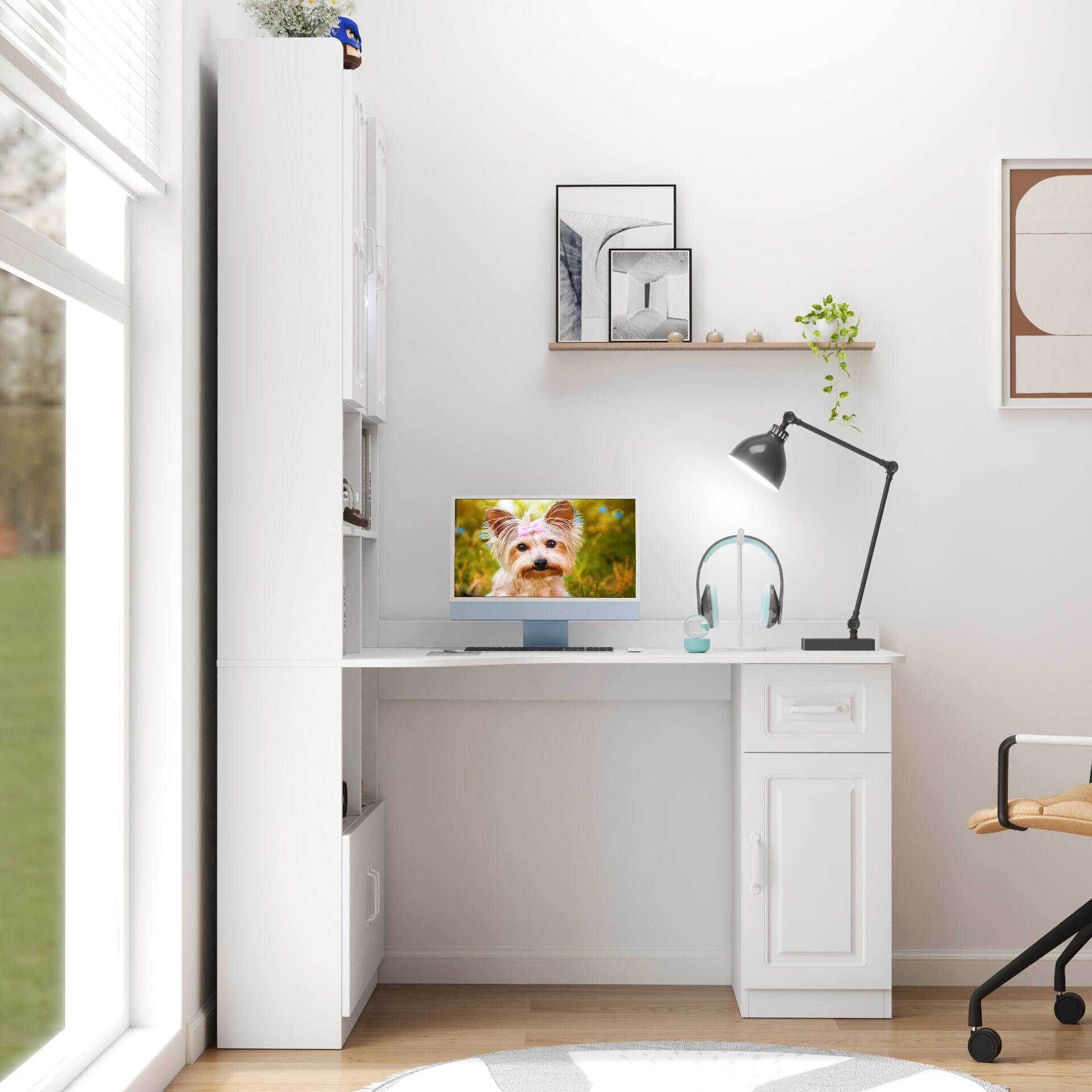 Angle. Tiramisubest - L-Shaped Corner Computer Desk,Study Modern Style Table with Drawers,Bookshelf & Hutch,2-in-1 L-Shaped Design,White - White.